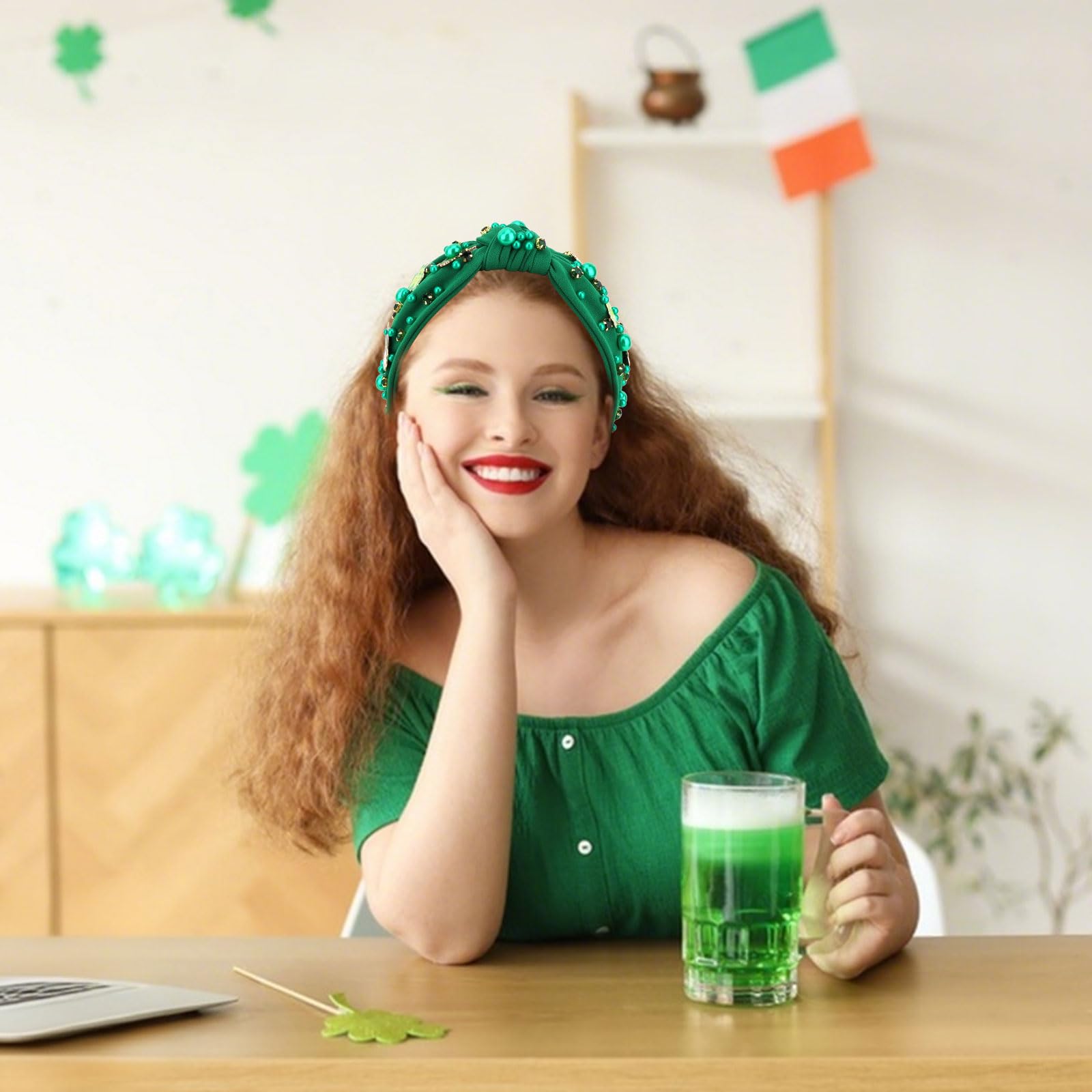 AMCAMI St.Patrick's Day Headband for Women,1Pcs Green Shamrock Embellished Rhinestone Knotted Headband,Wide Hairband with Leprechaun Boots Hats,St. Patrick's Day Party Gifts