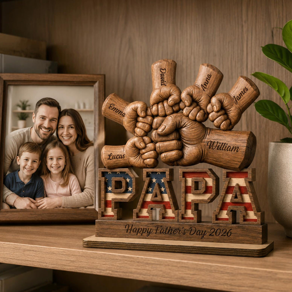 Personalized Fist Bump Dad and Kids Name Wooden Plaque, Custom Fathers Day Plaque for Dad Grandpa, Customized Sign Decorations for Daddy, Grandpa, Heartfelt Father's Day Birthday Gifts for Husband