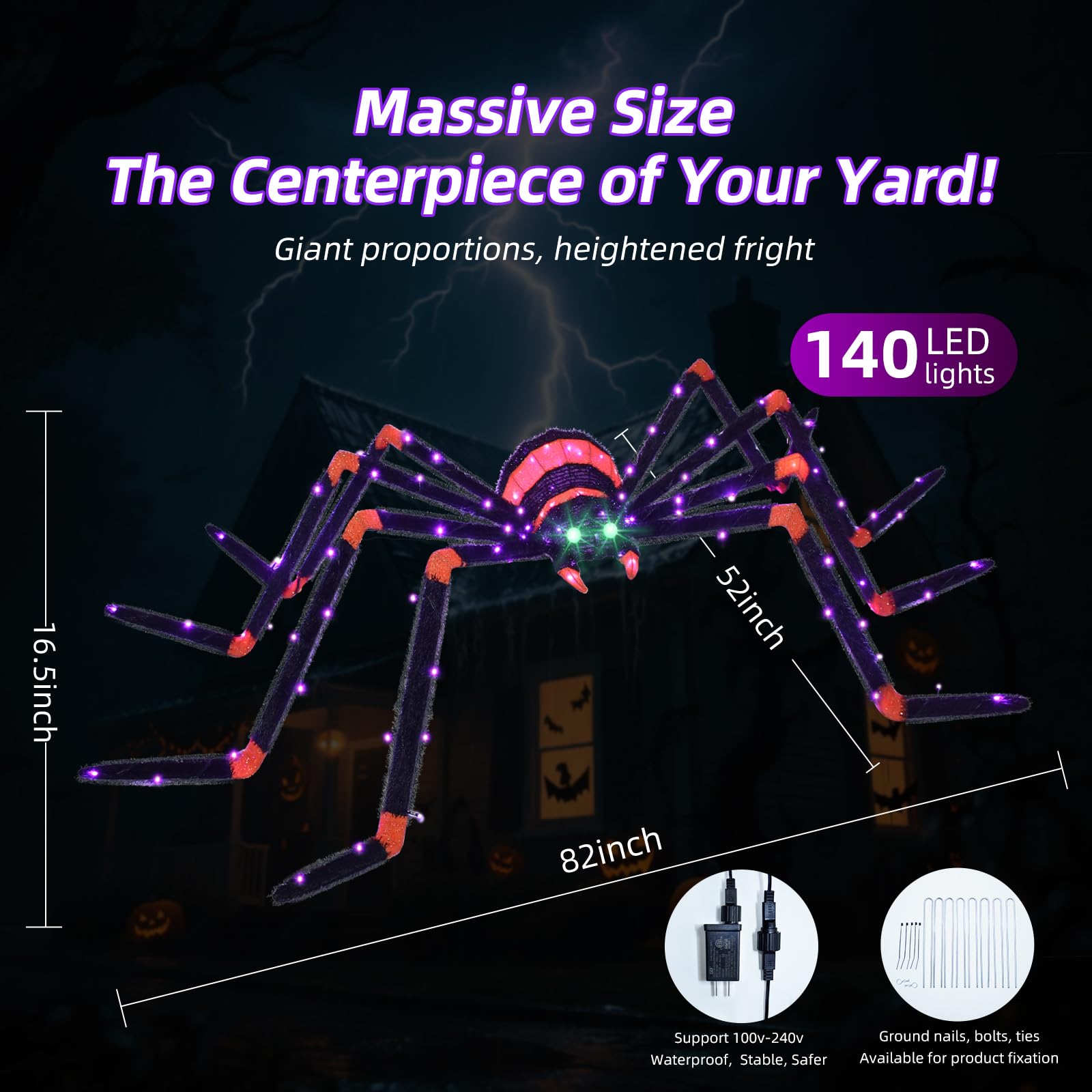 Halloween Decorations Outside Giant Spider - HOYECHI Outdoor Halloween Decor Lighted Spider 4.2FT, Light Up Spider with 90 LED Lights, Ground Stakes, for Front Yard Porch Gardens Lawns Party