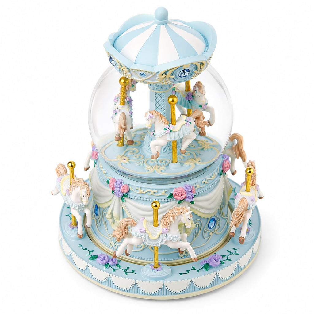 Blue Carousel Snow Globe Music Box with LED Lights, Rotating Horse Merry Go Round, Wind Up Musical Snow Globe Plays You are My Sunshine, Gift for Daughter Granddaughter Mom Women