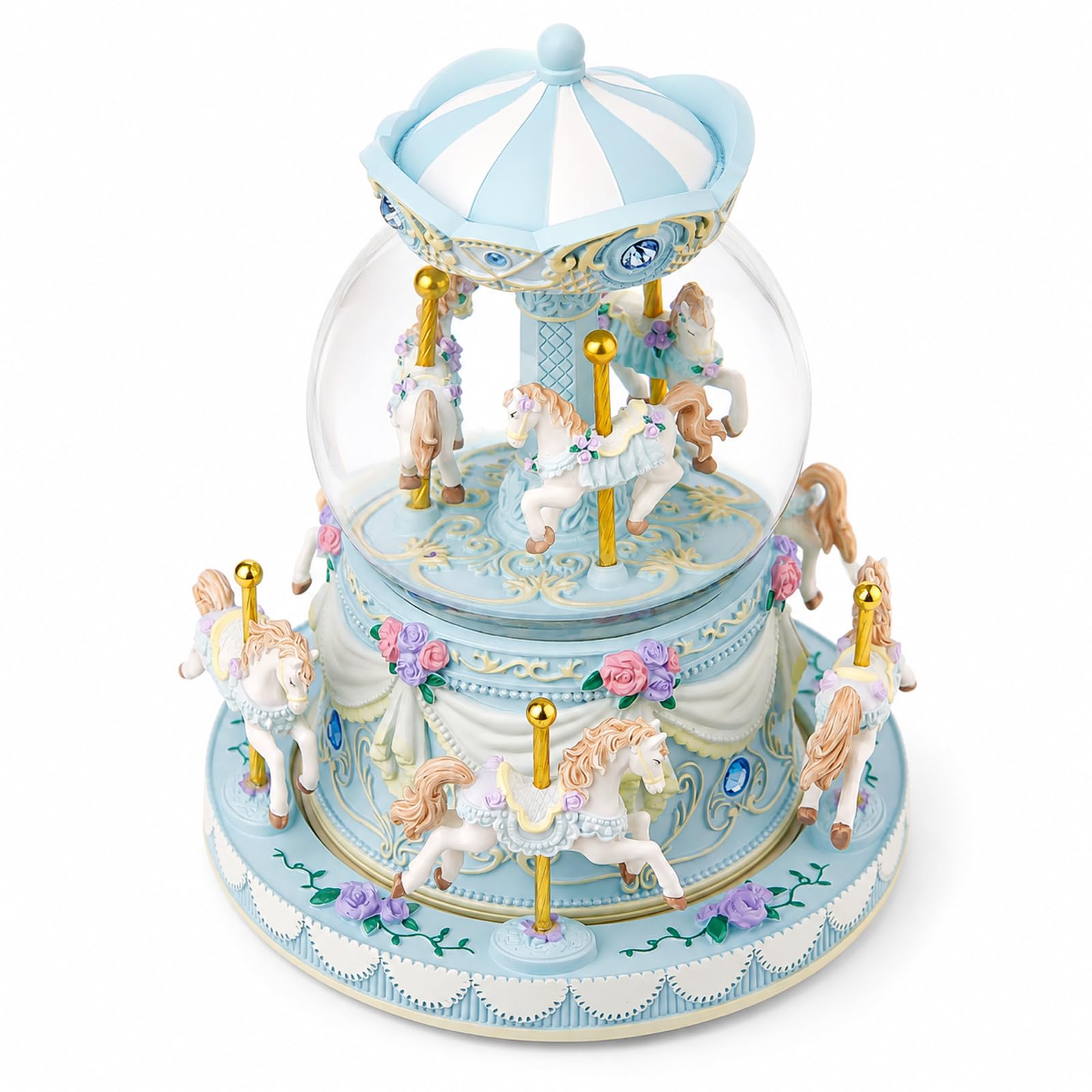 Blue Carousel Snow Globe Music Box with LED Lights, Rotating Horse Merry Go Round, Wind Up Musical Snow Globe Plays You are My Sunshine, Gift for Daughter Granddaughter Mom Women