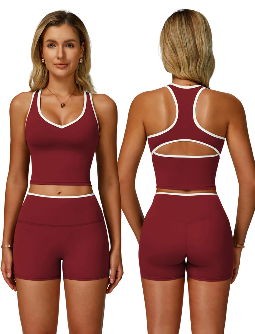 Women 2 Piece Workout Sets Racerback Color Block Tank Top High Waist Tummy Control Shorts Yoga Outfits