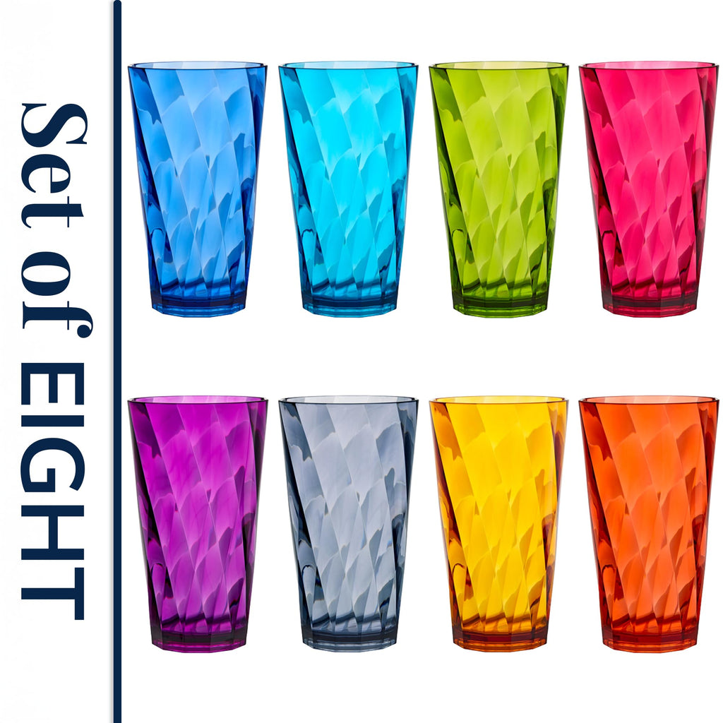 US Acrylic Optix Plastic Reusable Drinking Glasses (Set of 8) 20oz Water Cups in Jewel Tone Colors | BPA-Free Tumblers, Made in USA | Top-Rack Dishwasher Safe