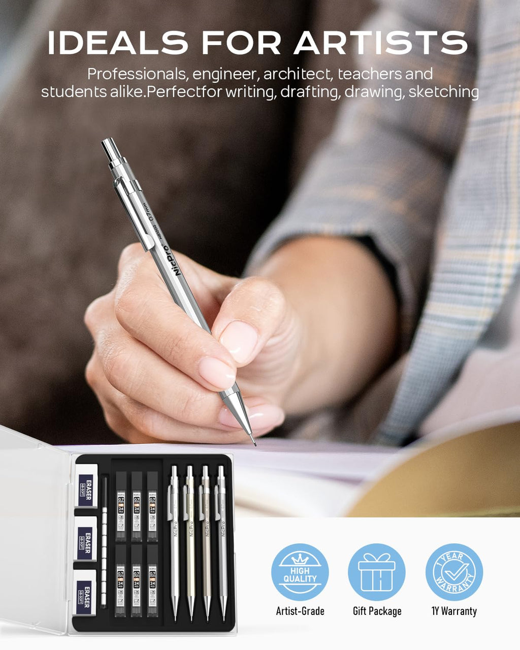 Nicpro 4 Pack Mechanical Pencil 0.7mm with Case, MB1000 Metal Mechanical Pencil Set with 6 Tube HB #2 Lead Refill 0.7 mm, 3PCS 4B Eraser, 9 Cap Eraser for Artist Drafting Writing, Sketching, Drawing