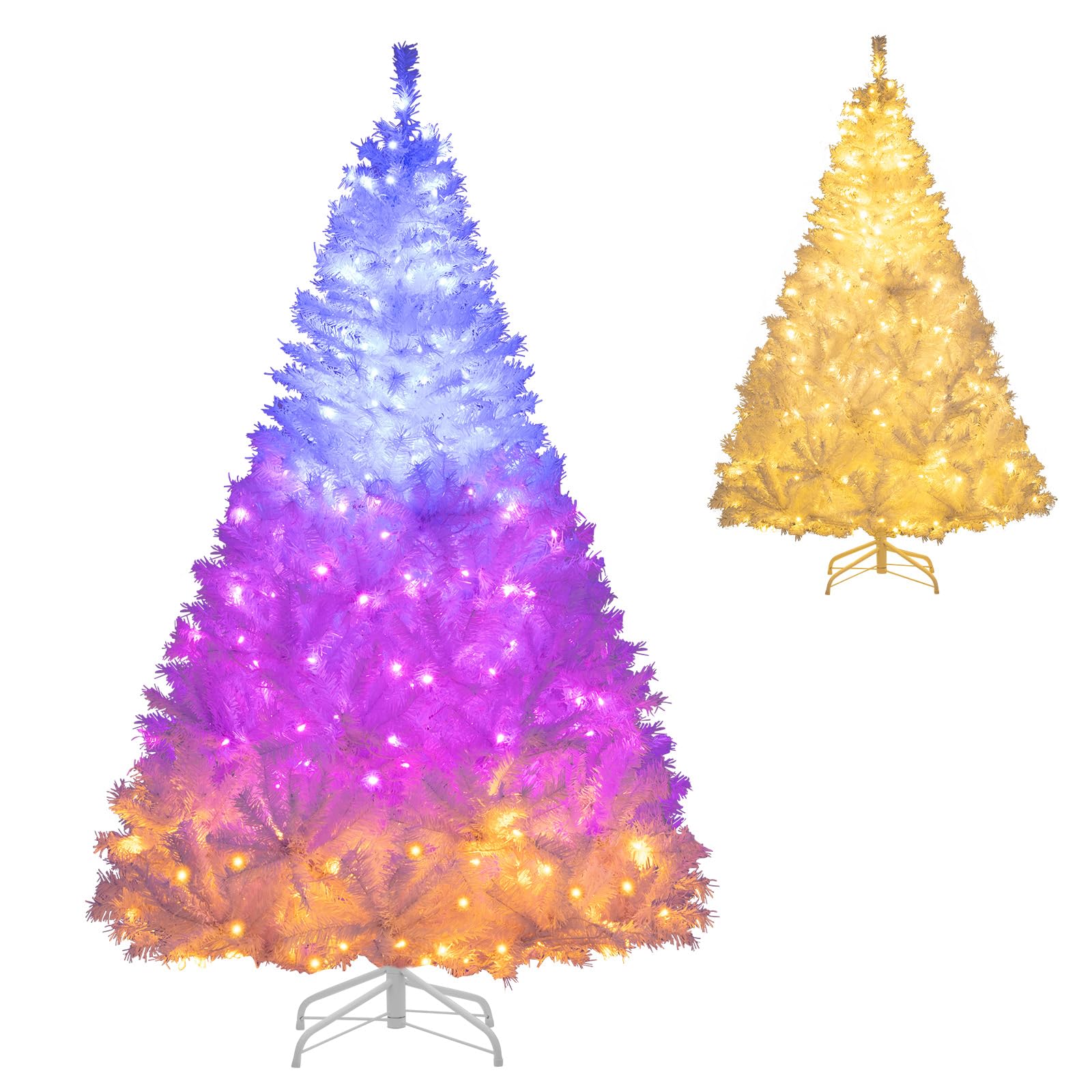 Goplus 7FT Pre-Lit Artificial Christmas Tree Auto-Spread/Close up Branches 11 Flash Modes with Multicolored 400 LED Lights & Metal Stand