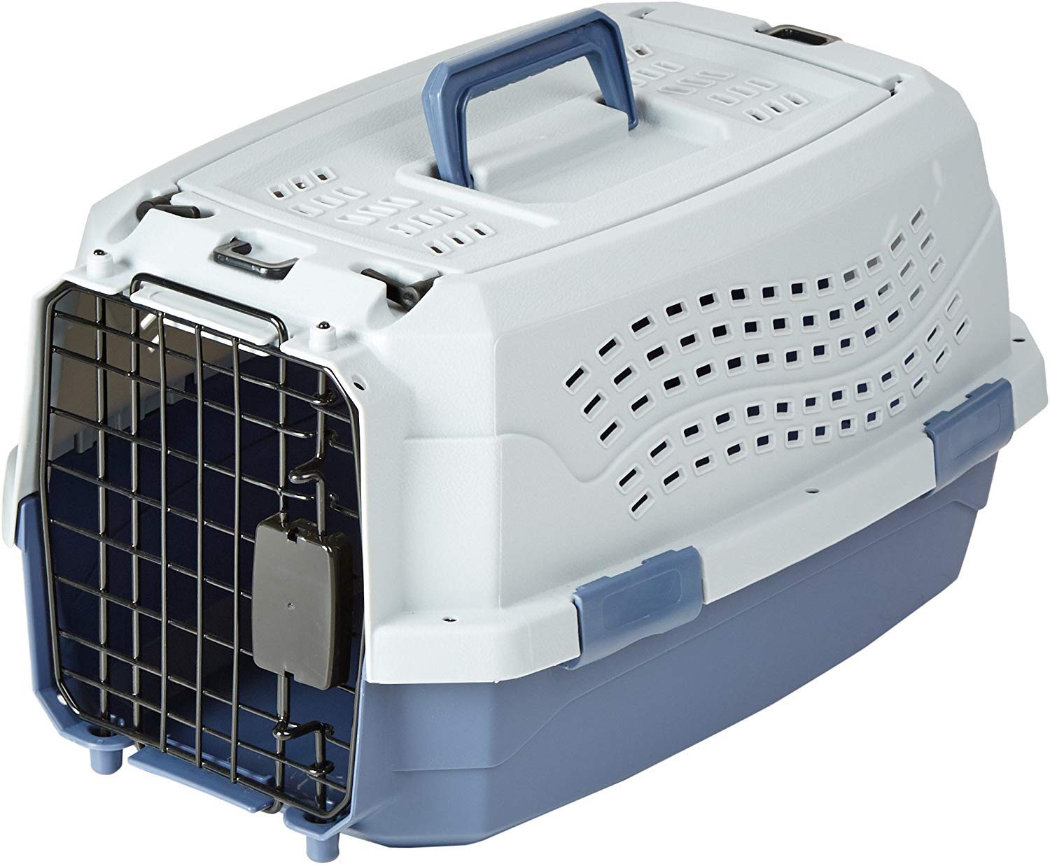 Amazon Basics Sturdy Portable 2-Door Top-Load Hard-Sided Pet Travel Carrier with Secure Ventilation, Handle, Front & Top Entry for Dogs, Cats, 22.8"L x 15"W x 13"H, Gray & Blue