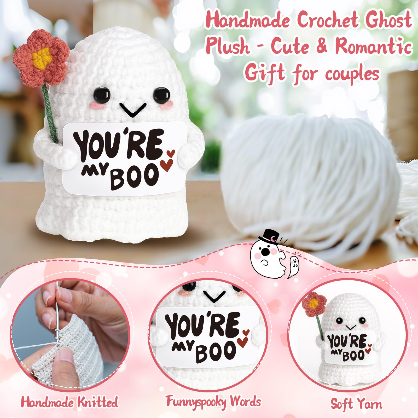You're My Boo Crochet Ghost - Anniversary Love Birthday Gifts for Women Men Her Him Boyfriend Girlfriend, Fathers Day Card for Husband from Wife - Holiday Stuffers for Halloween Valentine Christmas