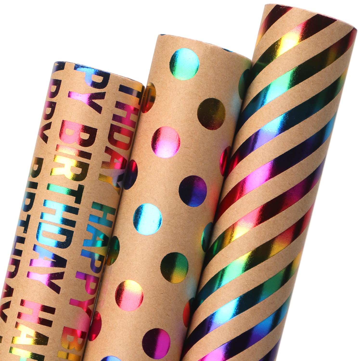 Ribbli Birthday Wrapping Paper Iridescent Gift Wrapping Paper Mini Roll, 3 Rolls Happy Birthday Polka Dots Stripes Printed Assortment - 17 inch x 120 inch(10feet) Per Roll