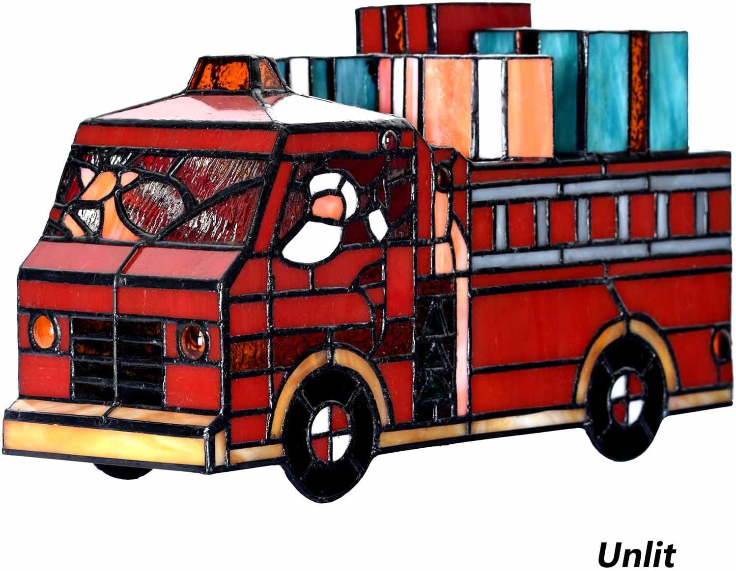 Bieye L12009 Tiffany Style Stained Glass Christmas Fire Truck Table Lamp with Santa, Reindeer, and Gifts, Handmade Holiday Decoration, 12" Wide