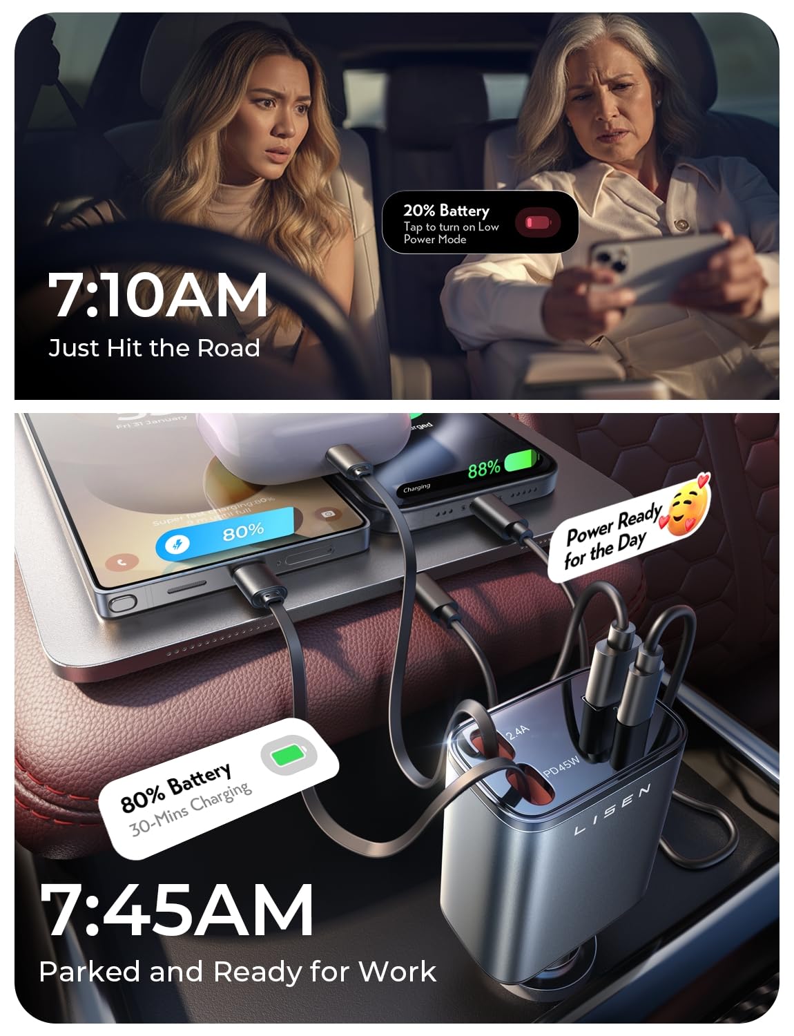 LISEN Retractable Car Charger, 84W Car Charger USB C Fast Charger Adapter for iPhone, Car Accessories for Men Women, Gifts for Fathers Day for Men Dad Husband, for iPhone 17 16 15 14 13 12 11 Samsung