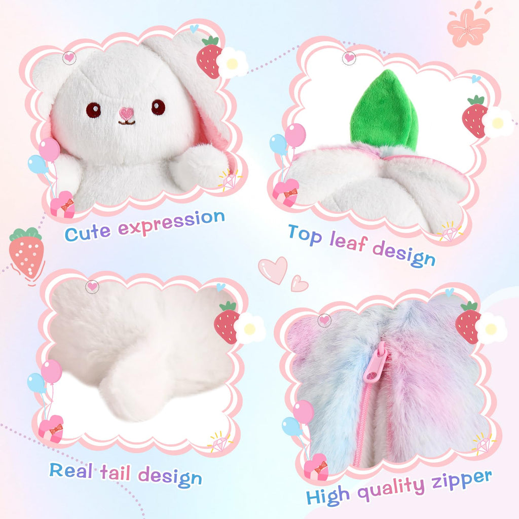 MIAODAM Bunny Stuffed Animal Reversible Cuddle Bunny Stuffed,Strawberry Bunny Transformed Rabbit Plush Zipper,Turns Into Ears Bunnies Plushies Toy Cute Stuffy Doll Easter