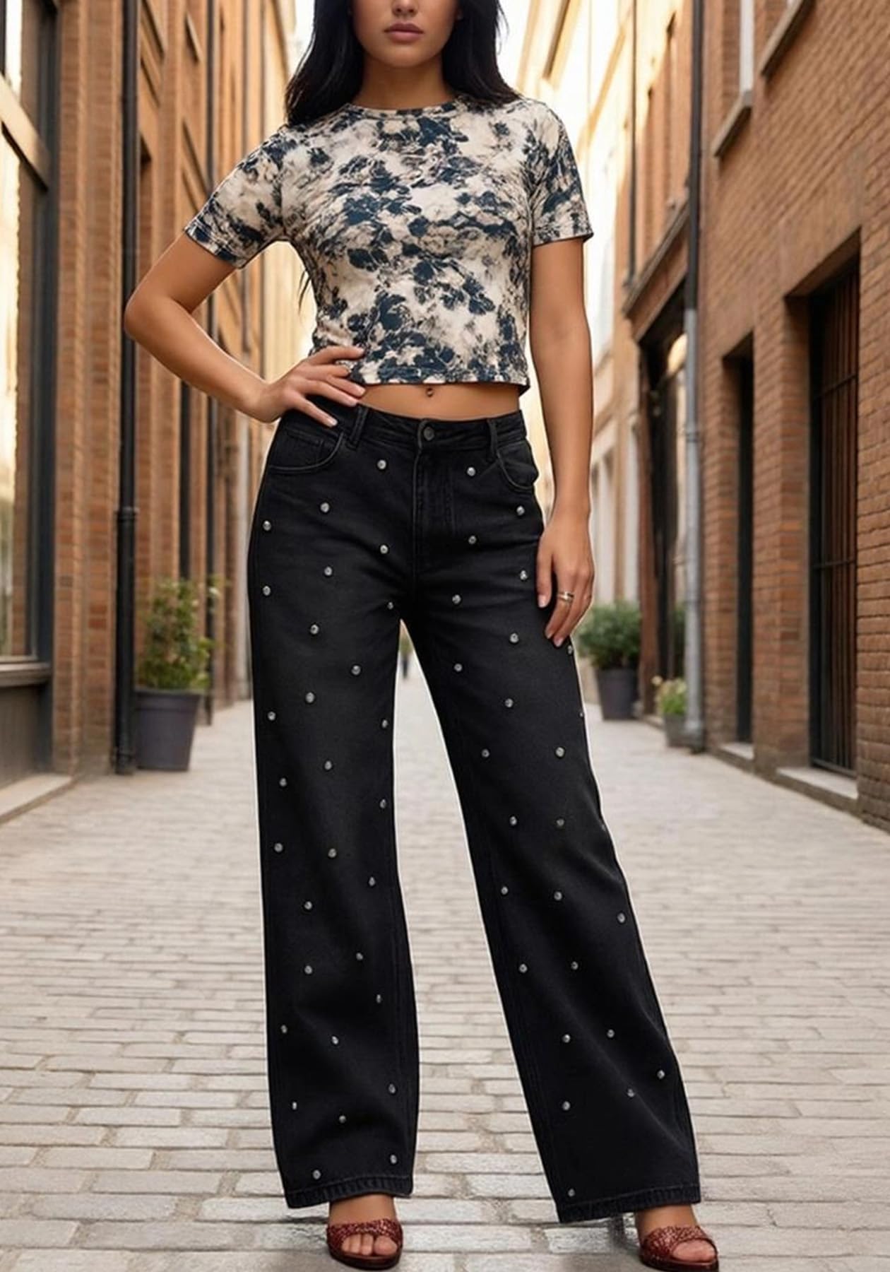 Unybwonn Women Straight Leg Jeans Rhinestone High Waisted Wide Leg Pearl Denim Pants Bling Glitter Studded Y2k Trousers