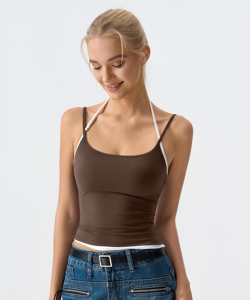 QINSEN Women's Spaghetti Strap Tank Top Slim Fitting Layered Halter Neck Sleeveless Crop Cami Shirt