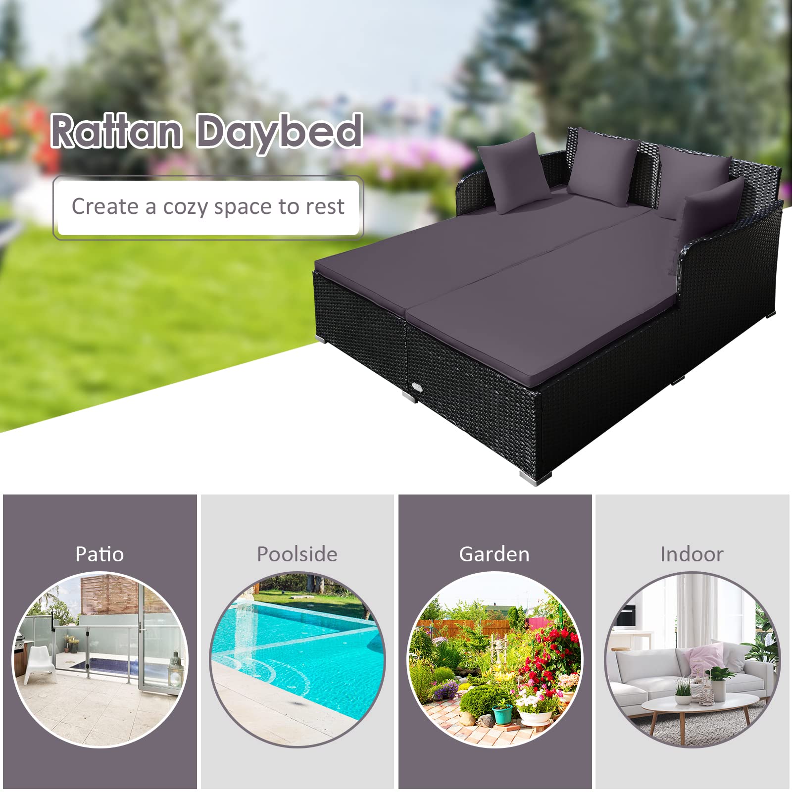 Tangkula Patio Rattan Daybed with Retractable Canopy, Outdoor Wicker Sunbed Lounger with 2 Foldable Side Tables, Thick Seat & Back Cushions, Outside Double Daybed for Garden, Backyard, Porch