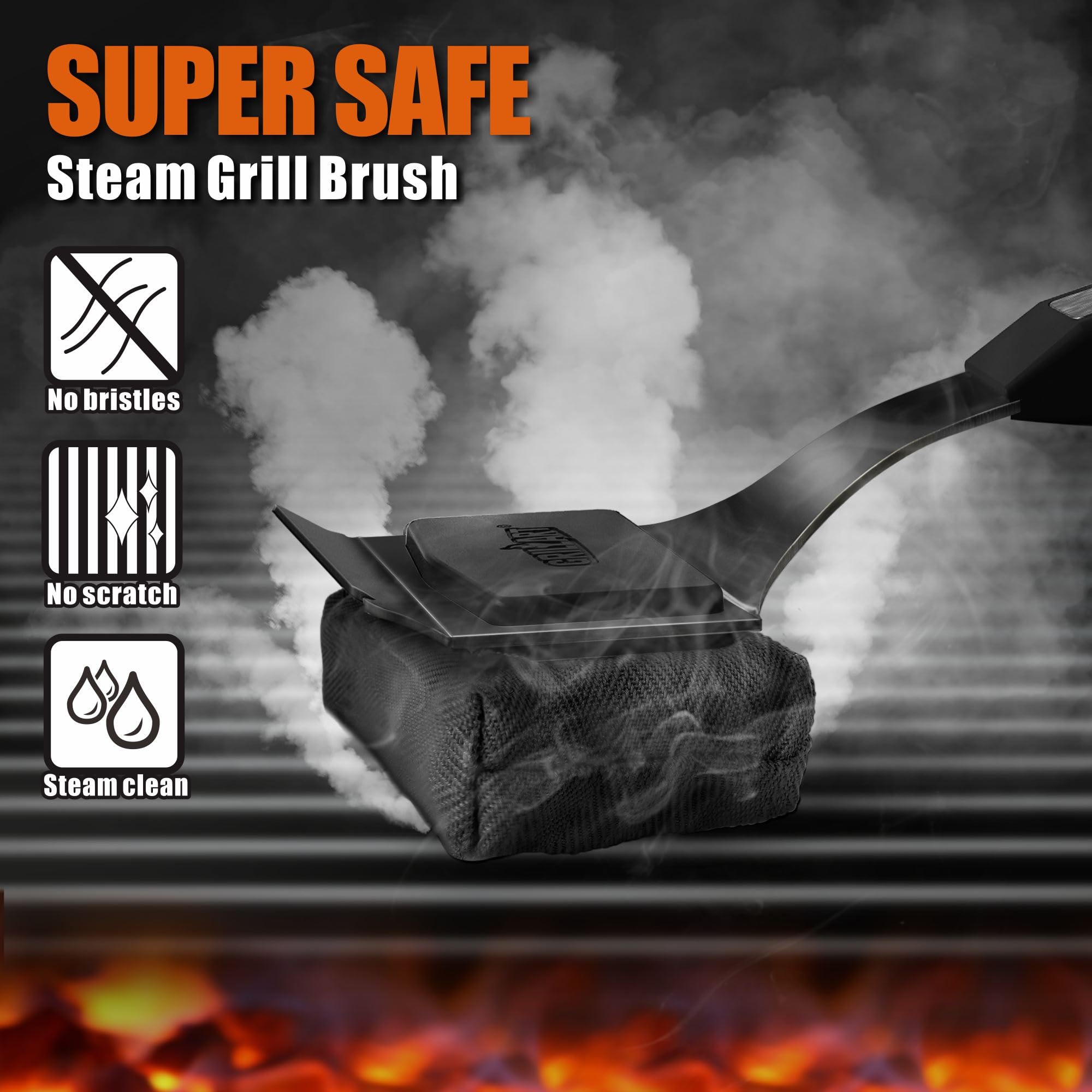 GRILLART Grill Brush Bristle Free. SteamWizards BBQ Replaceable Cleaning Head, Unique Seamless-Fit Scraper Tool for Cast Iron/Stainless-Steel Grates, Safe Barbecue Grill Cleaner-Red