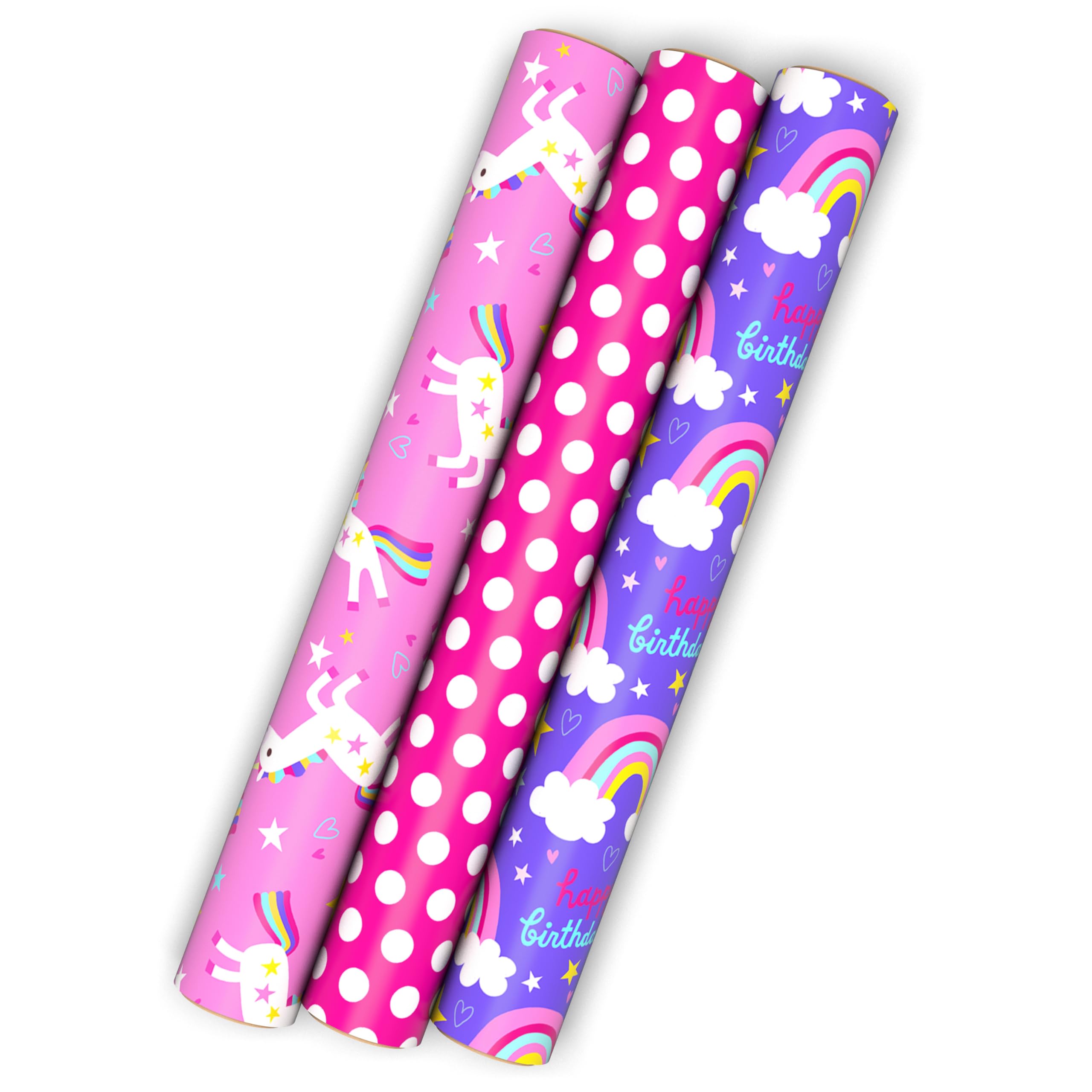 Hallmark Kids Birthday Wrapping Paper Mini Rolls, 3-Pack (Unicorns, Rainbows on Purple, Pink with White Polka Dots) for Birthday Parties, Easter, Baby Showers, Any Occasion - 60 Sq. Ft. Total