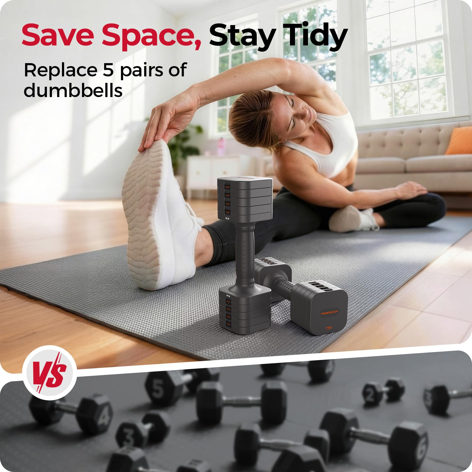 FEIERDUN DB3 5-in-1 Adjustable Dumbbell Set, 6LB/10LB Pair Adjustable Weights for Women at Home, Dual Locking Stable Hand Weights with TPU Soft Handle, Home Gym, Rehab, Pilates, Yoga, Strength Training