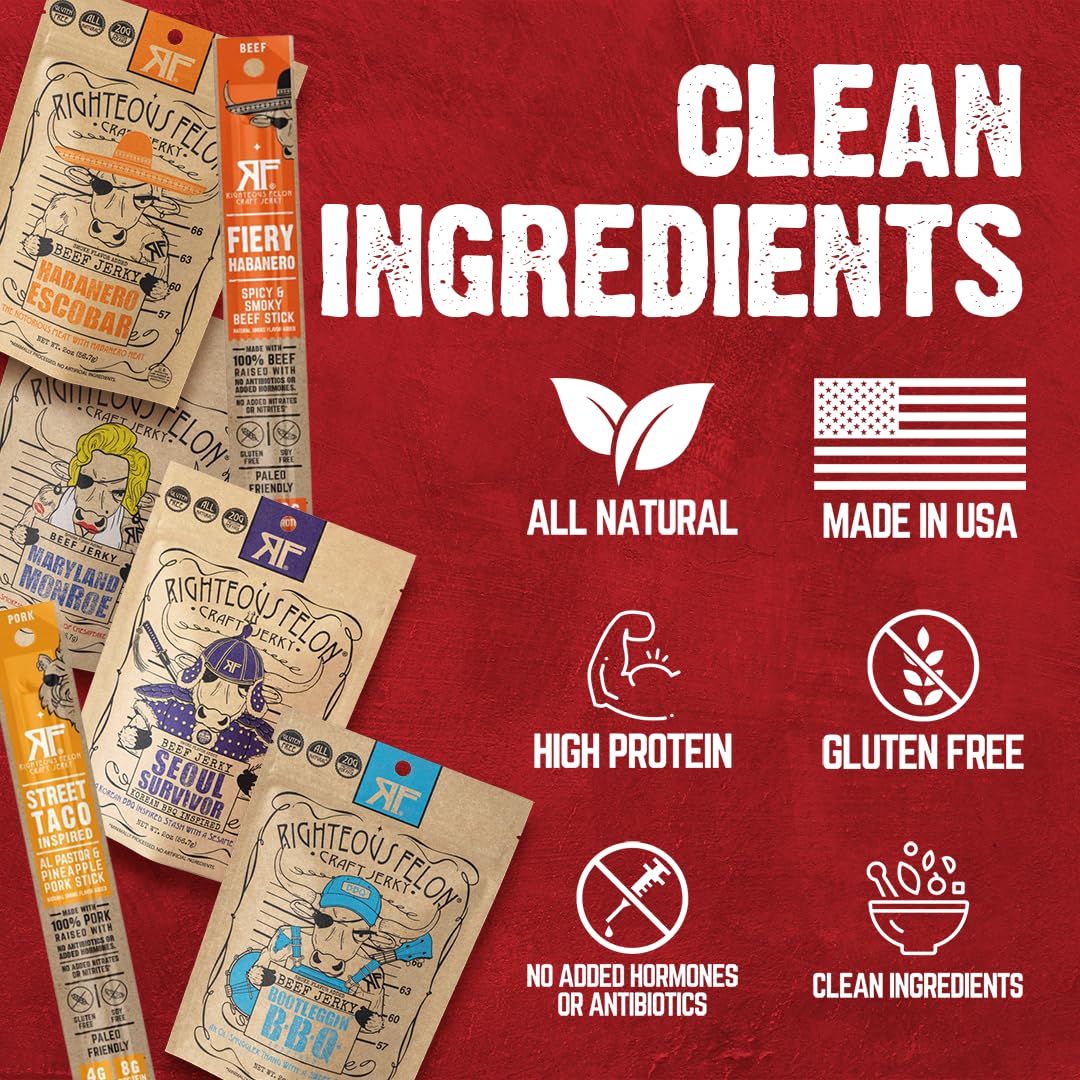 Righteous Felon Beef Jerky & Meat Sticks Variety Pack - Father's Day Jerky Sampler for Dad - Gluten Free Beef Jerky Snack Packs - High Protein, Keto, Low Sugar - Gifts for Men - 11 Pack Sampler
