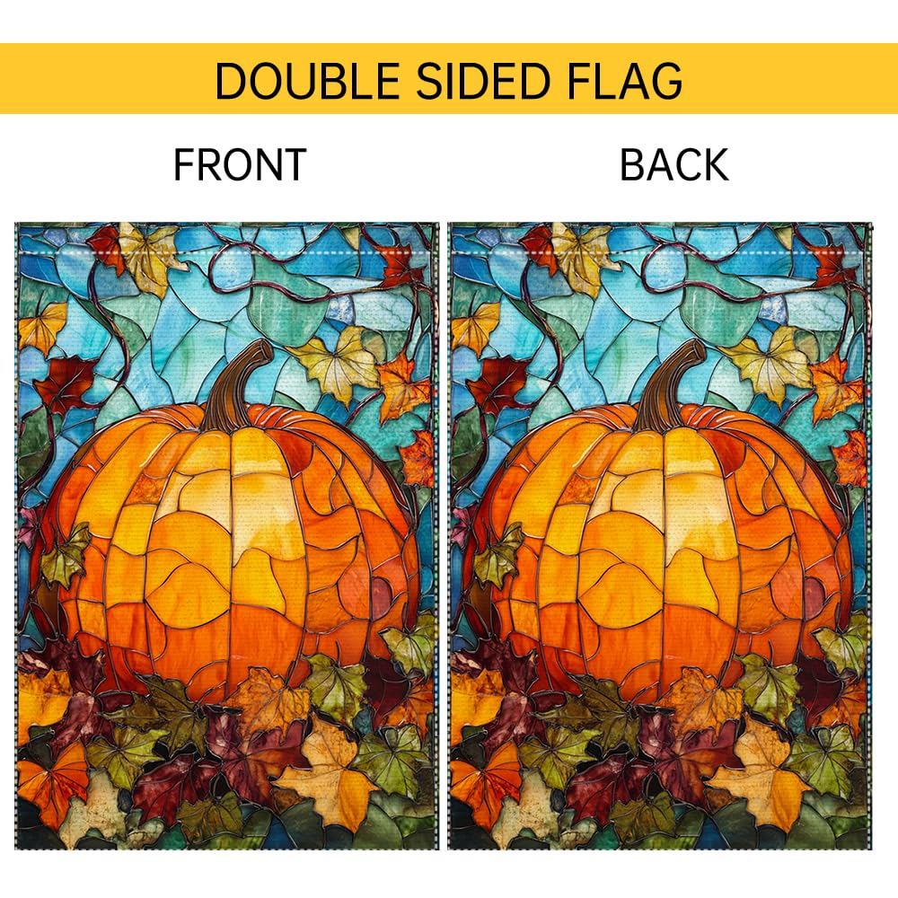 Fall Garden Flag For Outdoor Decor Thanksgiving Garden Flags Autumn Stained Glass Pumpkin Maple Leaf Double Sided Small Burlap Outside Porch Lawn Yard Flags Decorations 12.5x18 Inch