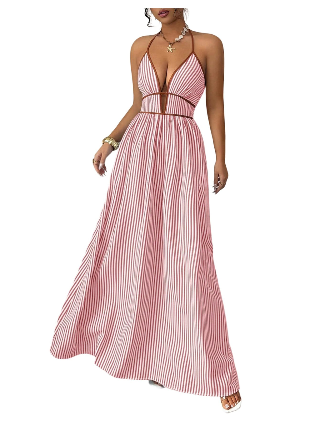Floerns Women's Striped Halter Maxi Dress Backless Smocked Beach Vacation Boho Dress