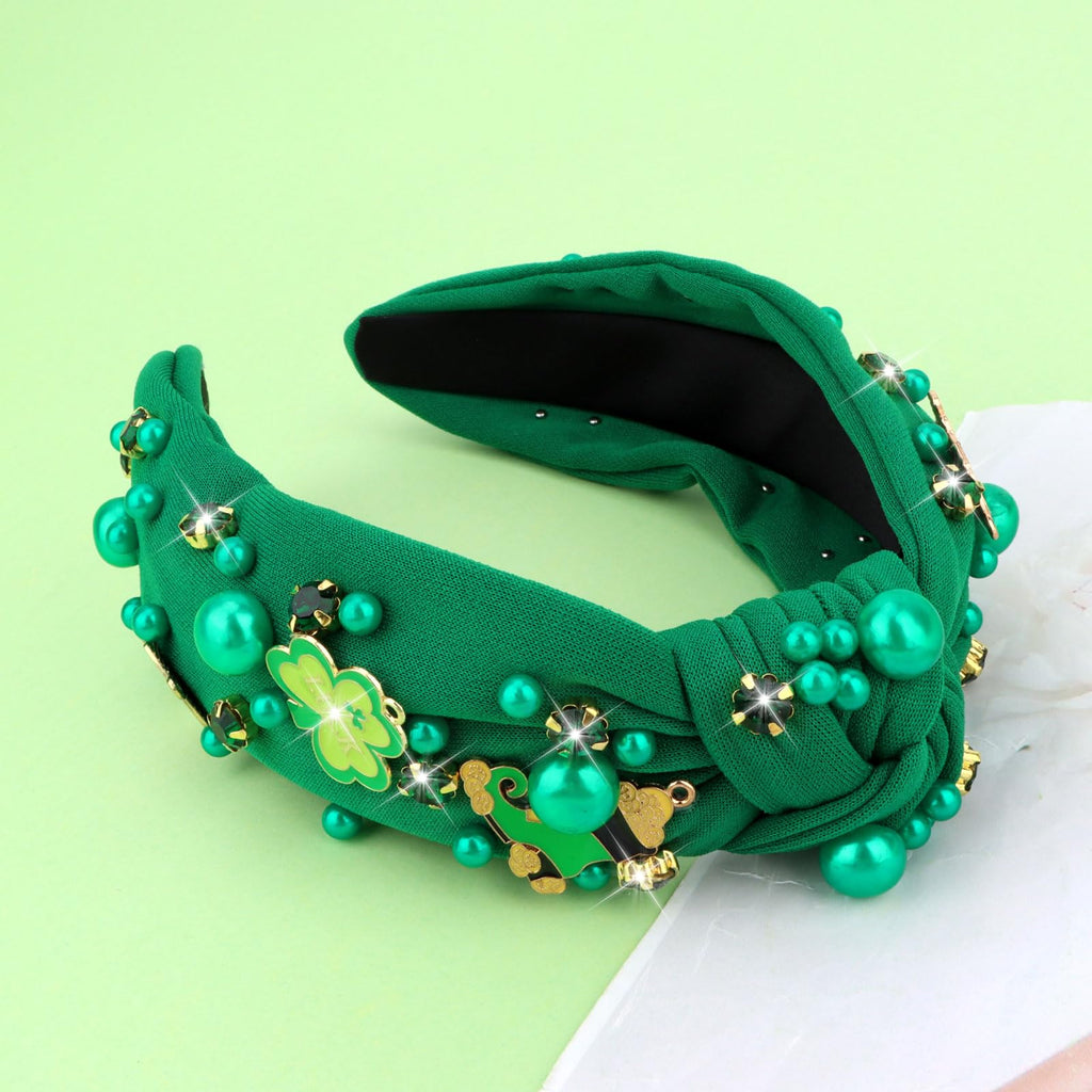 AMCAMI St.Patrick's Day Headband for Women,1Pcs Green Shamrock Embellished Rhinestone Knotted Headband,Wide Hairband with Leprechaun Boots Hats,St. Patrick's Day Party Gifts
