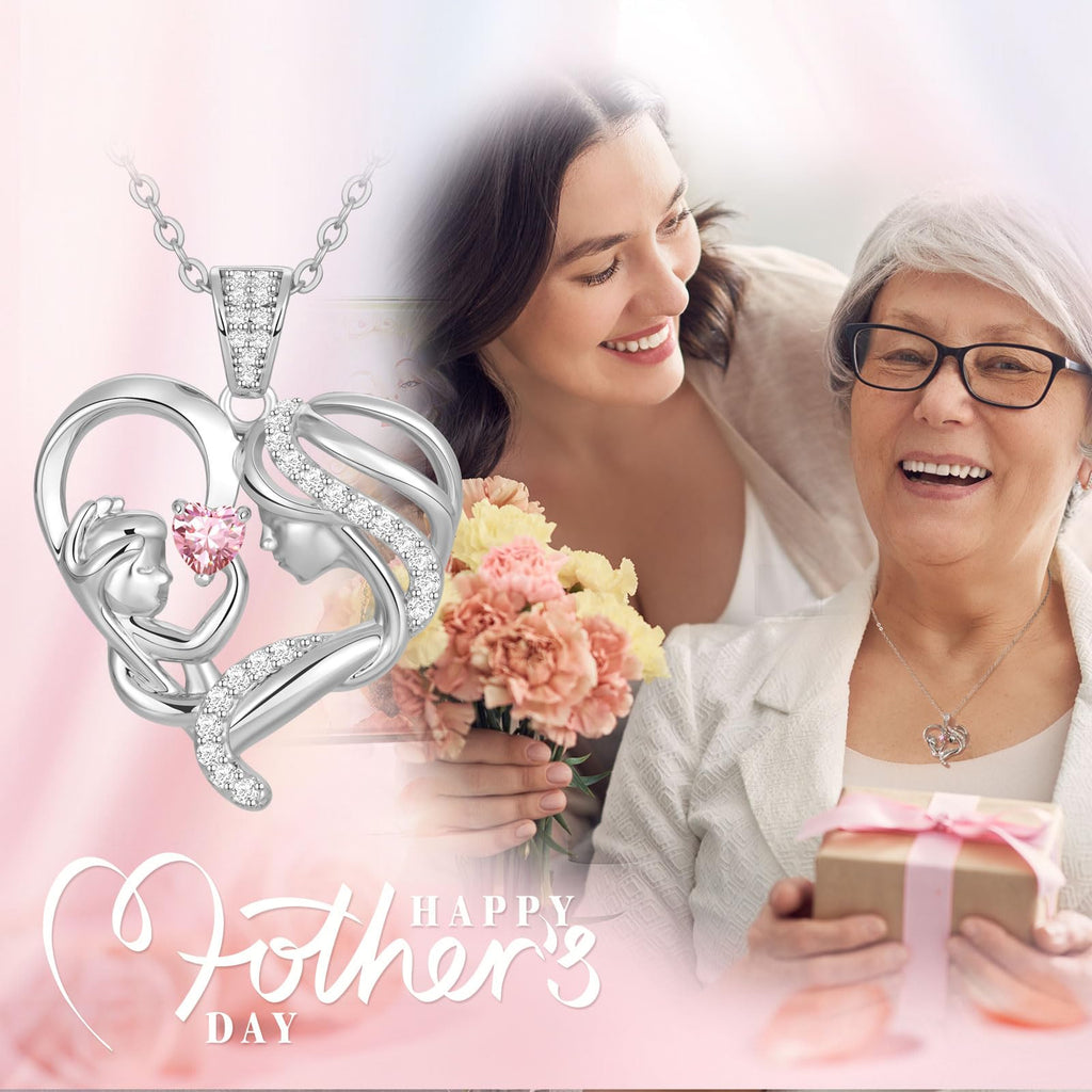 Mothers Day Gifts for Mom Wife Her Grandma, S925 Sterling Silver Birthstone Necklaces Jewelry for Women, Mother's Day Love Heart Pendant Necklace for Anniversary Birthday Christmas Day