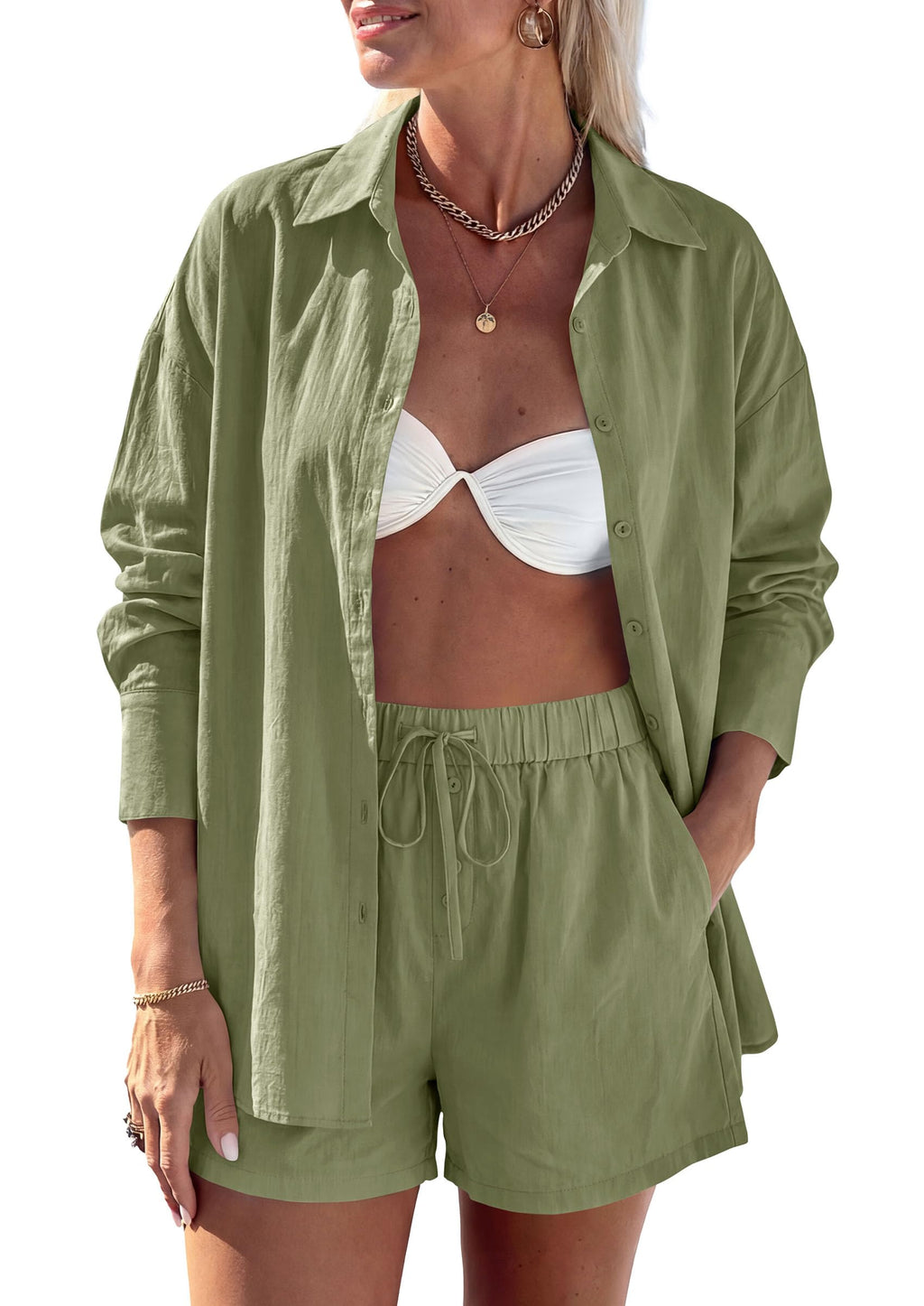 PRETTYGARDEN Women's Summer 2 Piece Matching Lounge Sets Pajamas Long Sleeve Shirts Blouse Pockets Shorts 2026 Spring Outfits