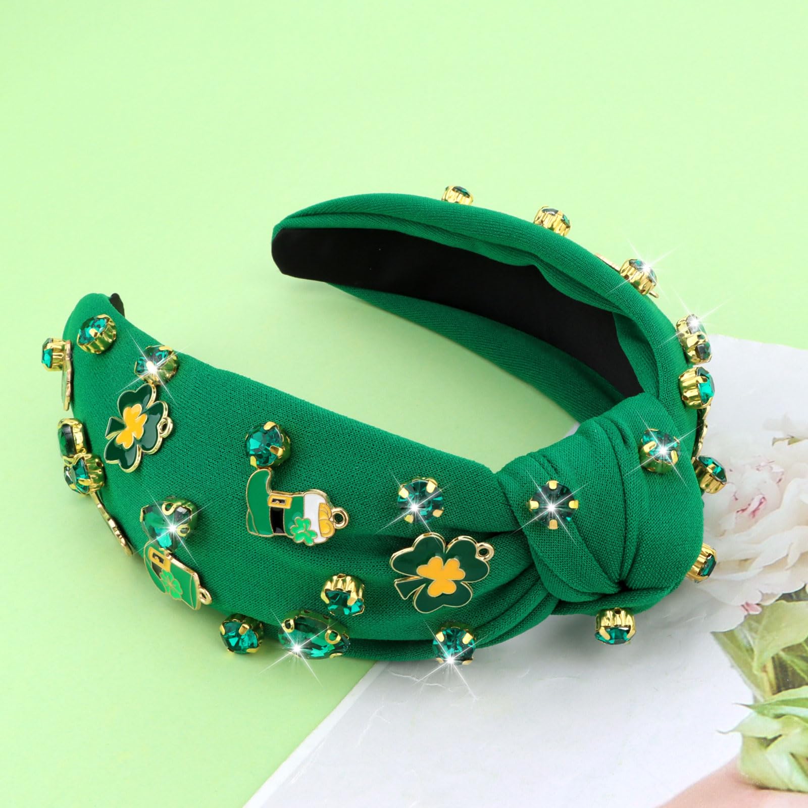 AMCAMI St.Patrick's Day Headband for Women,1Pcs Green Shamrock Embellished Rhinestone Knotted Headband,Wide Hairband with Leprechaun Boots Hats,St. Patrick's Day Party Gifts