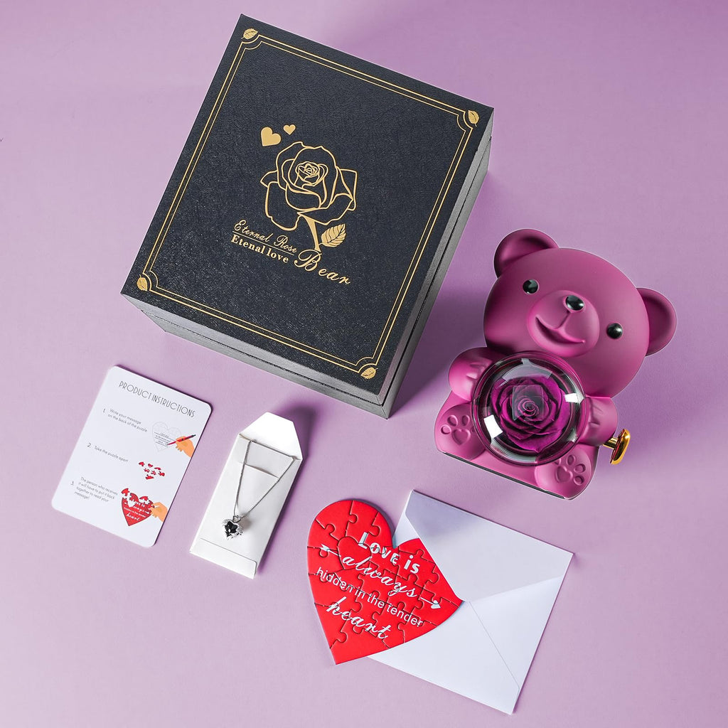 Cute Teddy Bear with Preserved Rose - A Real Rose Flower in Bear with Elegant Gift Box - Romantic Gift for Her in Mother's Day, Weddings, Anniversaries, and Bridal Showers (Red)