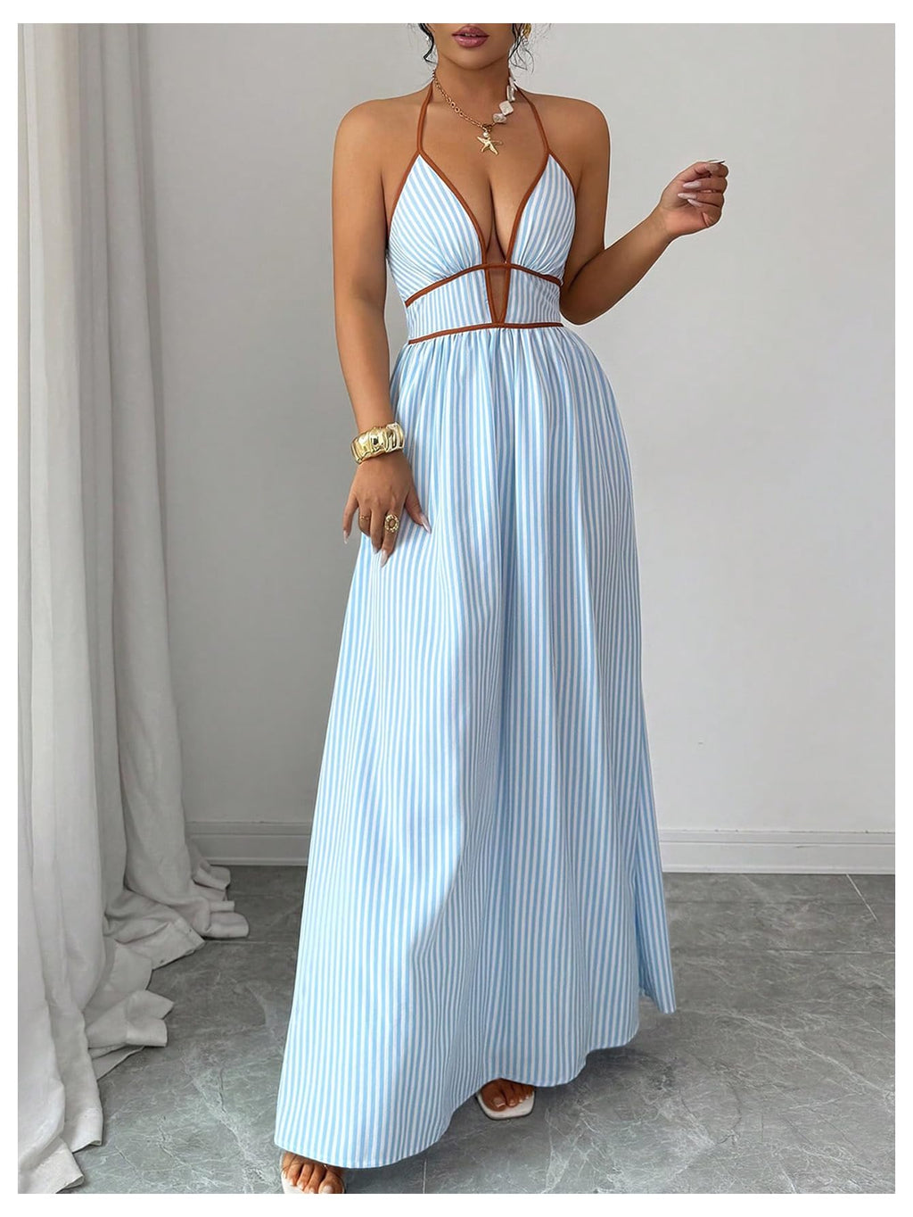 Floerns Women's Striped Halter Maxi Dress Backless Smocked Beach Vacation Boho Dress