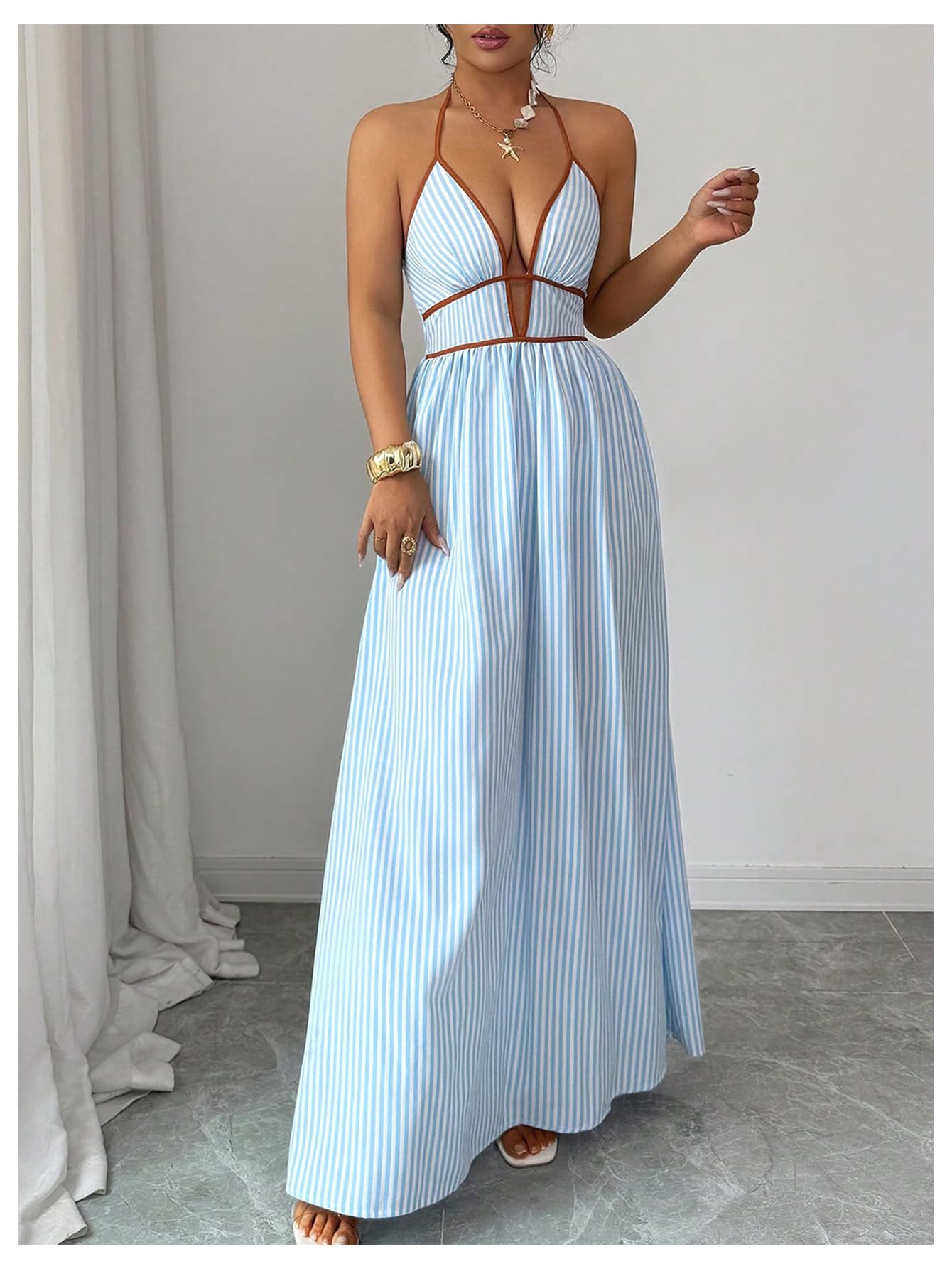 Floerns Women's Striped Halter Maxi Dress Backless Smocked Beach Vacation Boho Dress