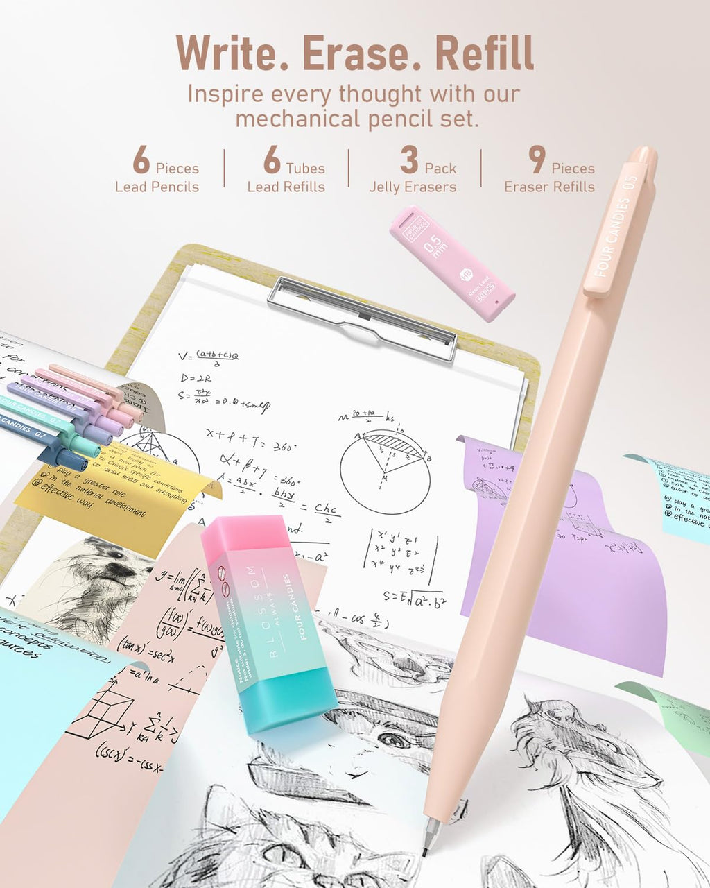 Four Candies 39 PCS Aesthetic Stationery Set with Cute Pen Case, College Supplies and Nursing Student Essentials, 12 Pastel Highlighters, 5 Black Gel Pens, 6 Mechanical Pencils, Blue