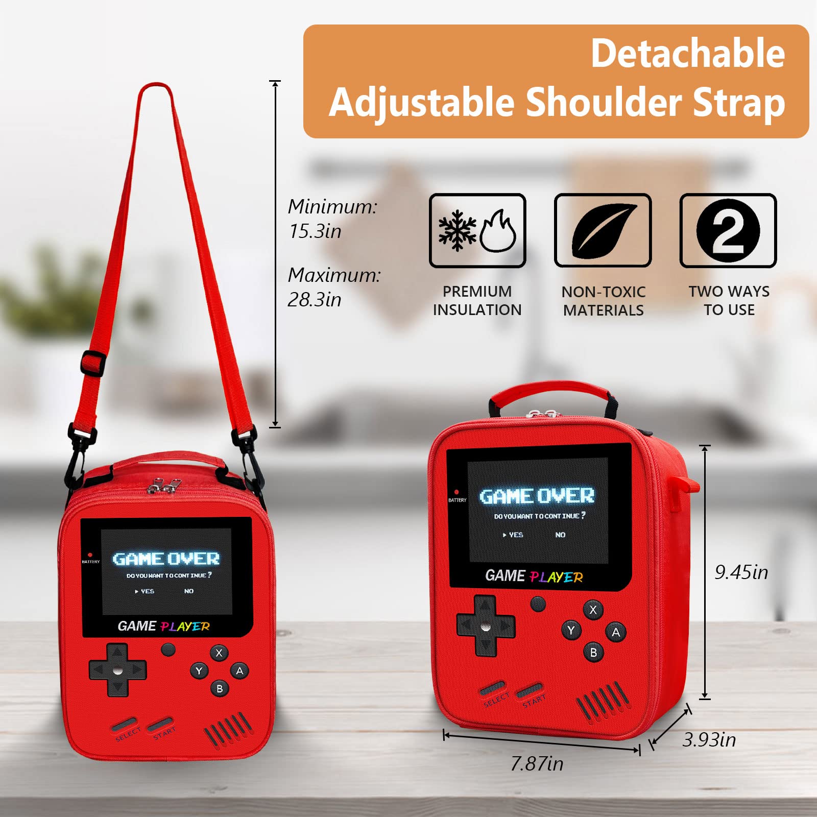 Boys Lunch Box for School, Gamer Kids Lunch Bag for Boys Girls, Insulated Video Game Lunchbox Waterproof Leakproof with Adjustable Shoulder Strap