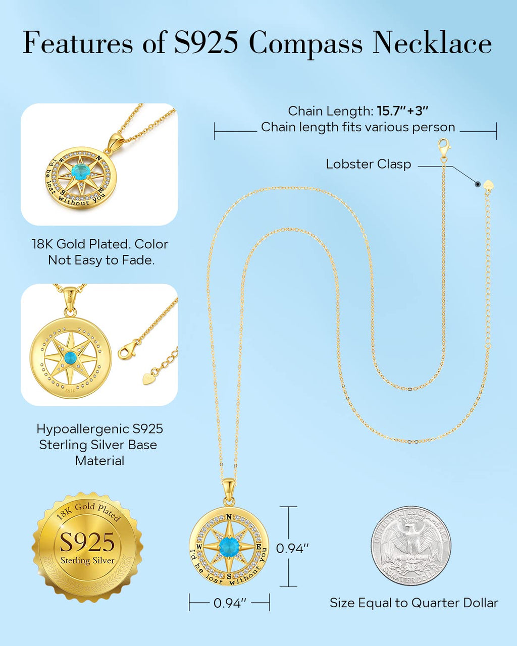 S925 Necklace Gift for Wife |Compass Jewelry |Women Anniversary |Sterling Silver |Girlfriend Birthday Gifts for Her Valentines |I'd be Lost without You |Jewel 18K Gold