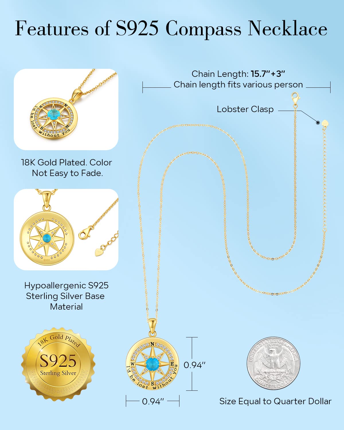 S925 Necklace Gift for Wife |Compass Jewelry |Women Anniversary |Sterling Silver |Girlfriend Birthday Gifts for Her Valentines |I'd be Lost without You |Jewel 18K Gold