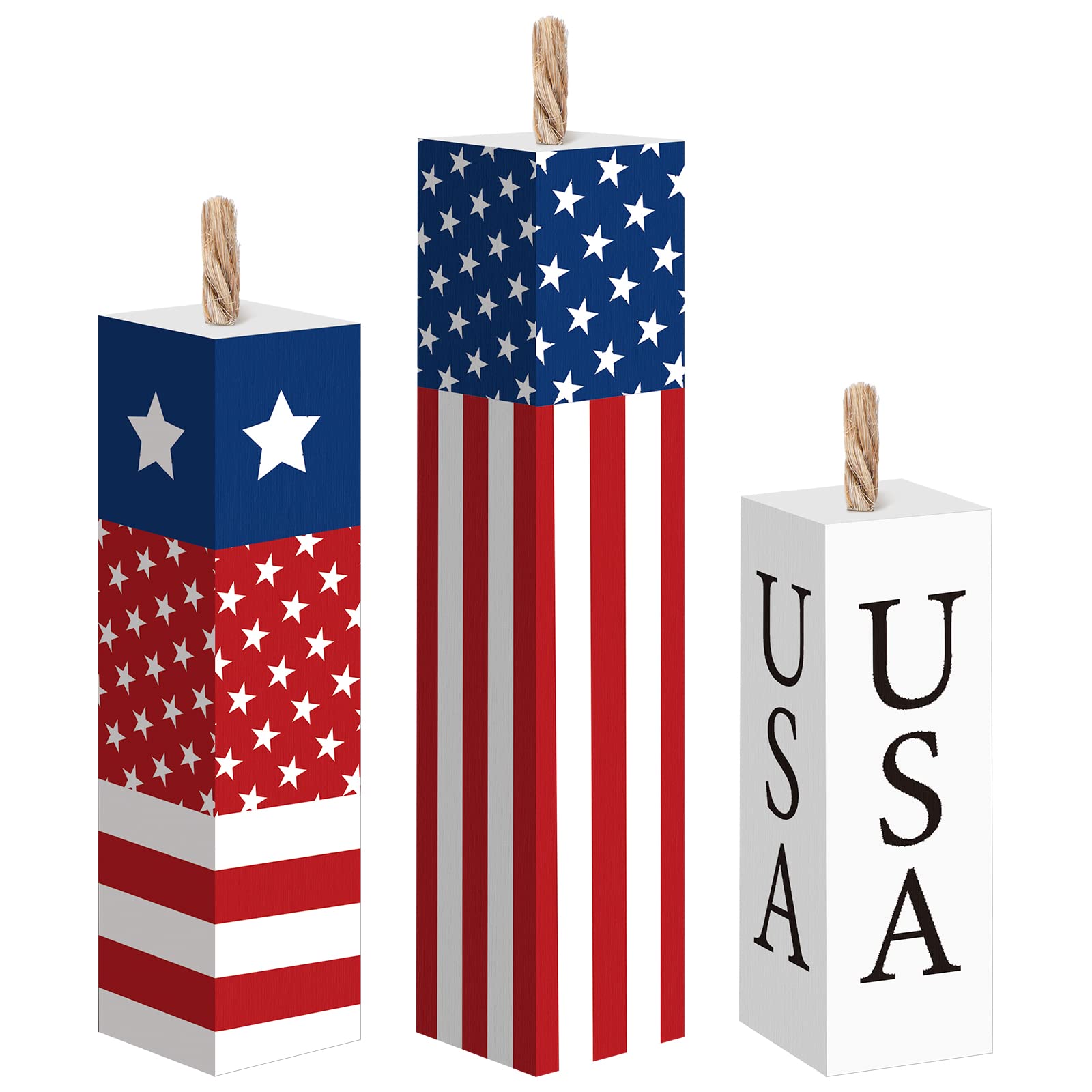Amyhill 3 Pcs 4th of July Decorations Set Wooden Patriotic Table Centerpieces Independence Day Wood Firework Fourth of July Table Signs for 250th Anniversary Home Farmhouse Decor (Flag)