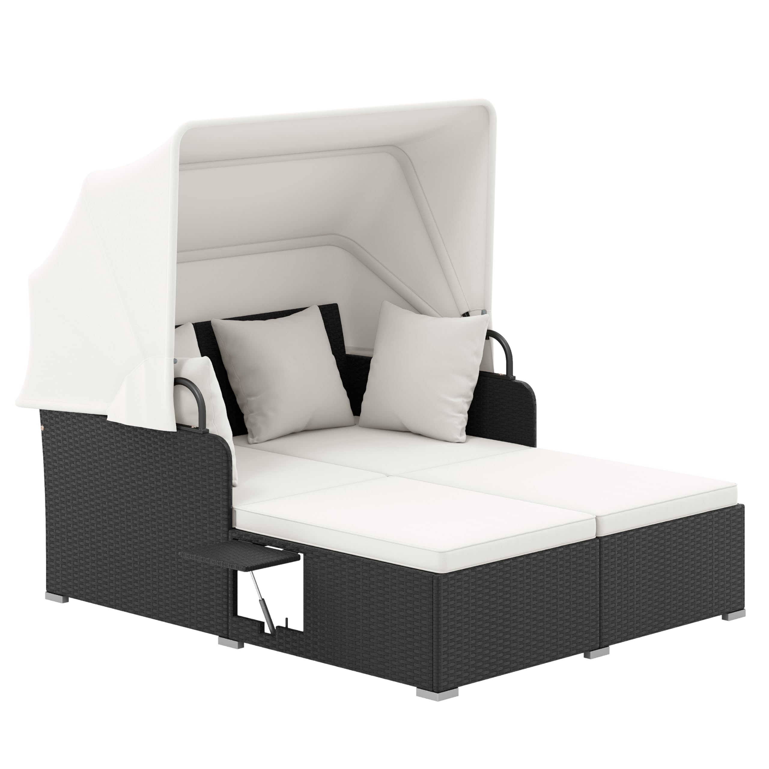 Tangkula Patio Rattan Daybed with Retractable Canopy, Outdoor Wicker Sunbed Lounger with 2 Foldable Side Tables, Thick Seat & Back Cushions, Outside Double Daybed for Garden, Backyard, Porch