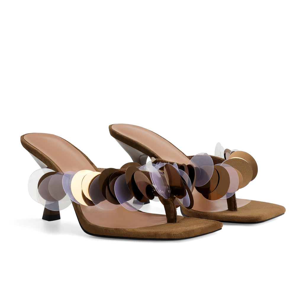 Flip Flop Heels for Women Square Open Strappy Heels Dressy Kitten Heeled Sandals with Plastic Disc Straps Comfortable Slip on Thong Slide