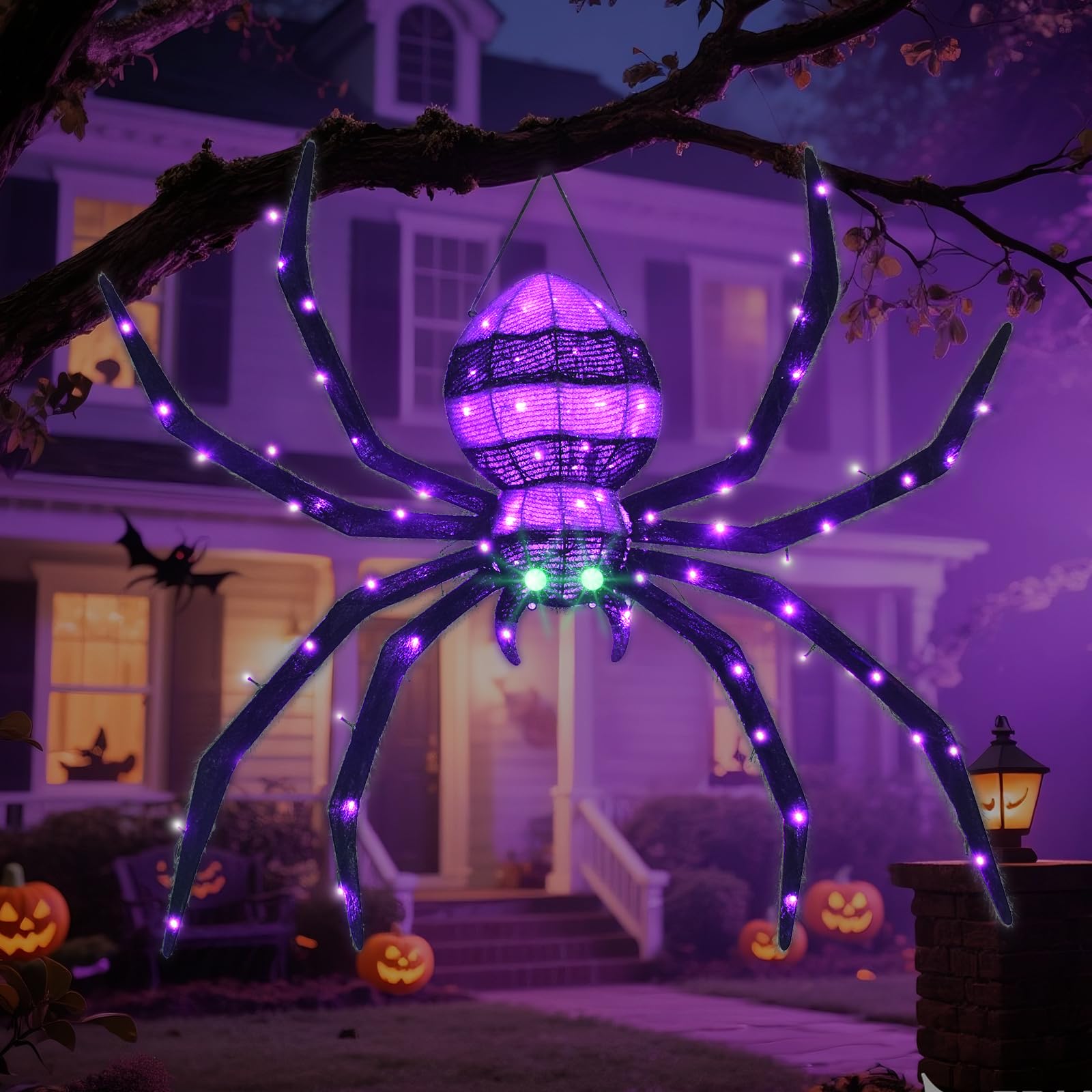 Halloween Decorations Outside Giant Spider - HOYECHI Outdoor Halloween Decor Lighted Spider 4.2FT, Light Up Spider with 90 LED Lights, Ground Stakes, for Front Yard Porch Gardens Lawns Party