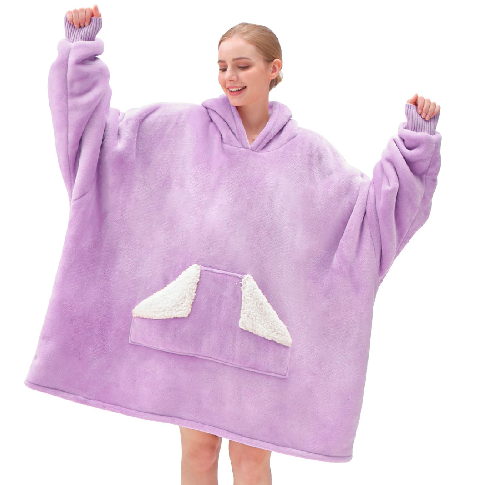 Touchat Wearable Blanket Hoodie, Oversized Sherpa Fleece Sweatshirt Blanket with Giant Hood Pocket and Sleeves for Adult, Warm & Cozy Grey Blanket Gifts for Women