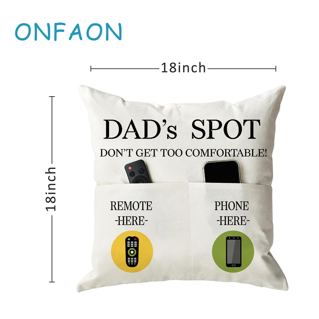ONFAON Grandpa Gifts,Grandpa's Spot Throw Pillow Covers 18x18 Inch,Put Phone Glasses and Remote Control Pillowcase,Birthday Christmas Thanksgiving Day Gifts for Grandpa Stepdad,3-Pocket