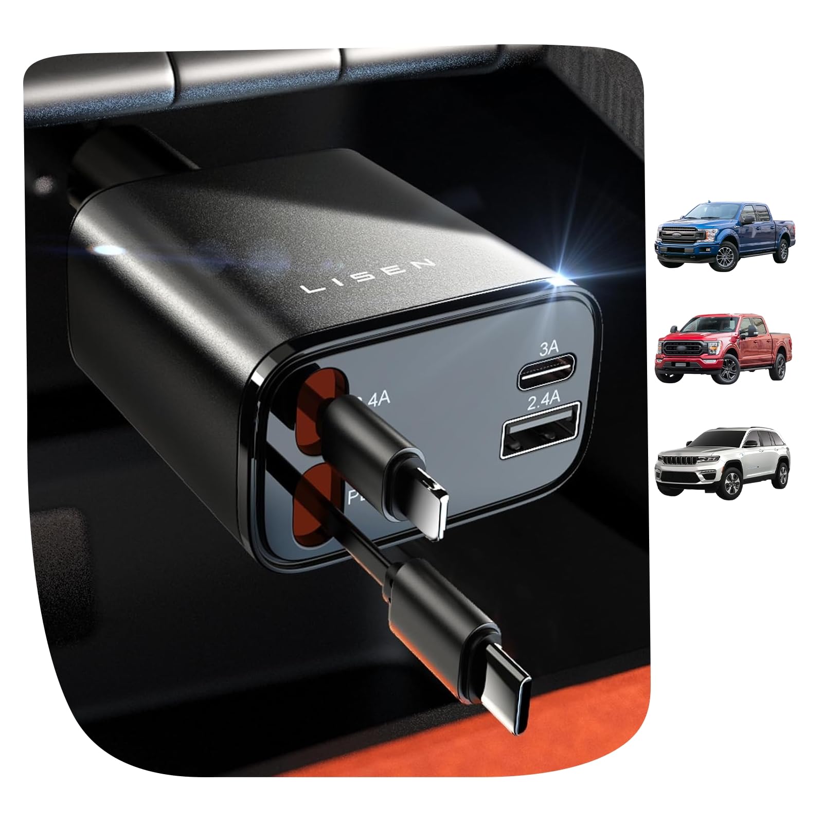 LISEN Retractable Car Charger, 84W Car Charger USB C Fast Charger Adapter for iPhone, Car Accessories for Men Women, Gifts for Fathers Day for Men Dad Husband, for iPhone 17 16 15 14 13 12 11 Samsung