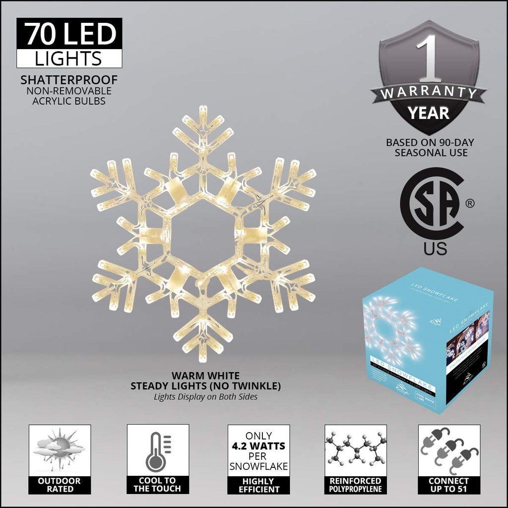 Kringle Traditions Christmas Snowflake Lights Outdoor, 105 LED 36" Folding Warm White Snowflake Hanging Light, Weather-Resistant Christmas Decoration for Yard, Window, Porch, or Eave