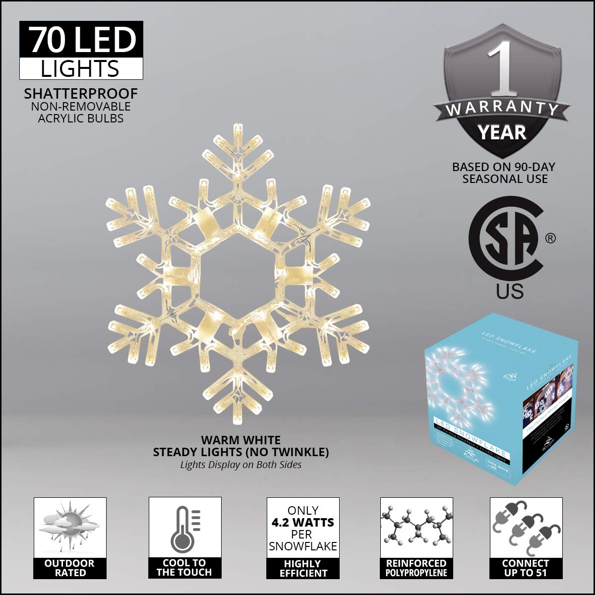 Kringle Traditions Christmas Snowflake Lights Outdoor, 105 LED 36" Folding Warm White Snowflake Hanging Light, Weather-Resistant Christmas Decoration for Yard, Window, Porch, or Eave