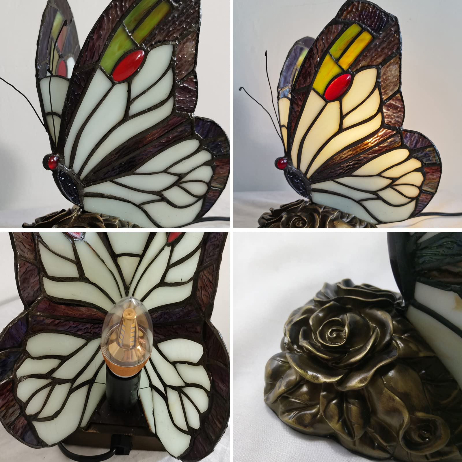 Bedside Table Lamp LED Tiffany Blue Fairy Butterfly Nightstand Table Lamps Stained Glass Shade ON Off Switch Home Office Desk Lamp Night Light Girl Grandma Mothers Day Gifts W/Gift Box