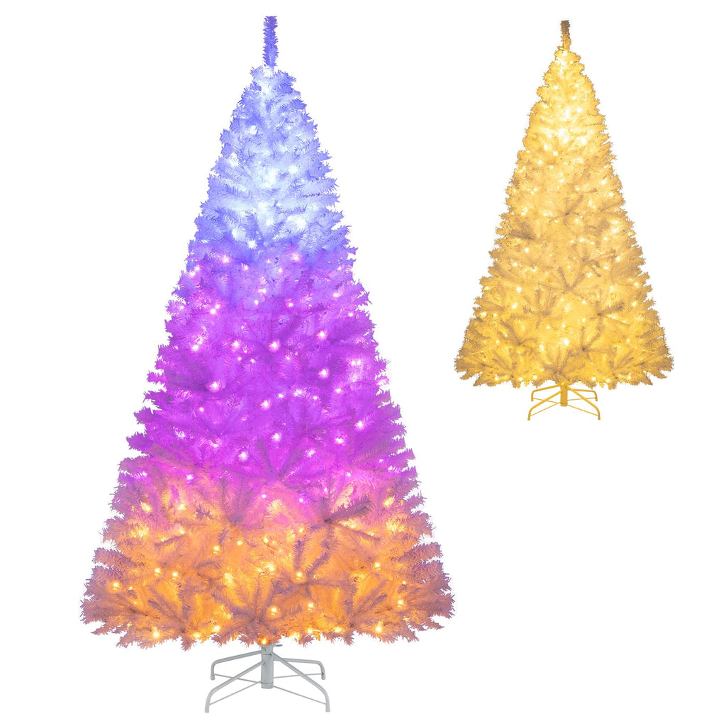 Goplus 7FT Pre-Lit Artificial Christmas Tree Auto-Spread/Close up Branches 11 Flash Modes with Multicolored 400 LED Lights & Metal Stand