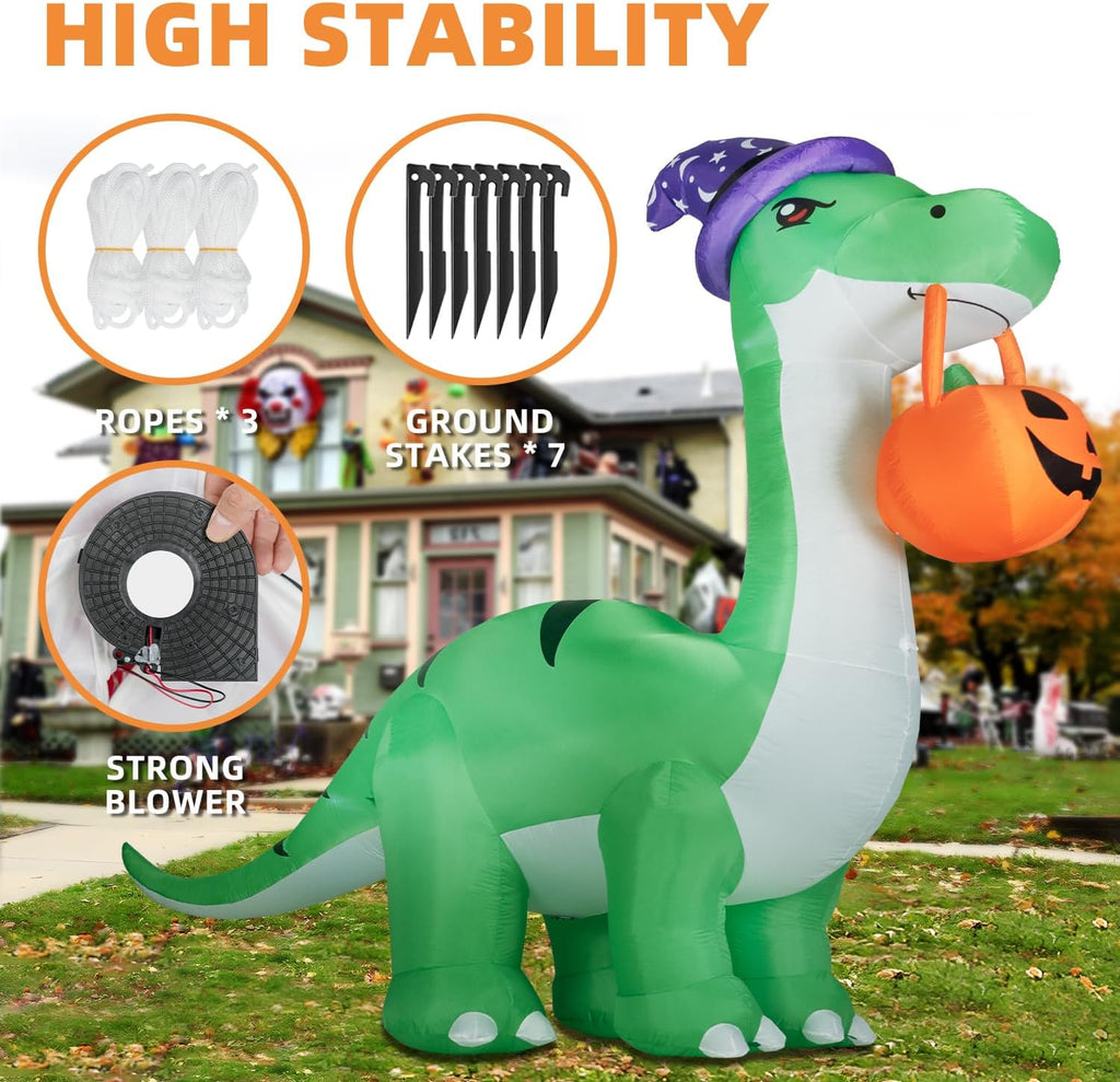 Kendane 10FT Halloween Inflatable Huge Dinosaur Decorations Outdoor, Blow Up Yard Decorations Built-in LED Lights,Halloween Party Decorations with Witch Hat and Pumpkin,for Garden/Lawn.