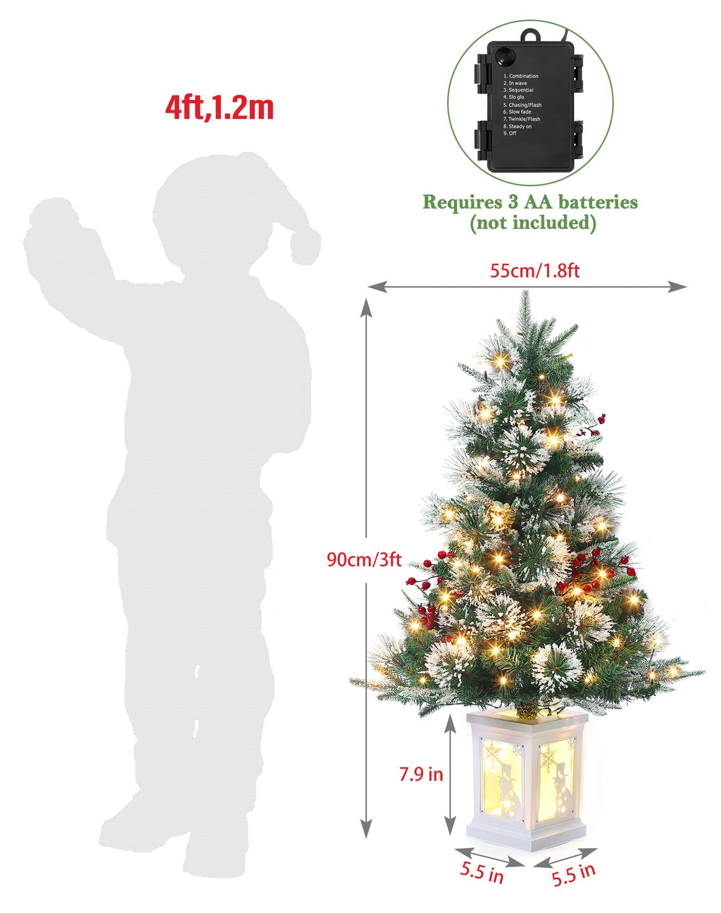 3FT Prelit Premium Snow Flocked Artificial Christmas Tree with Warm White LED, Mini Prelit Xmas Pine Tree for Christmas Decoration,Yard,Home,Office,Outdoor,Indoor,8 Mode Snowflake White Base- 1PC