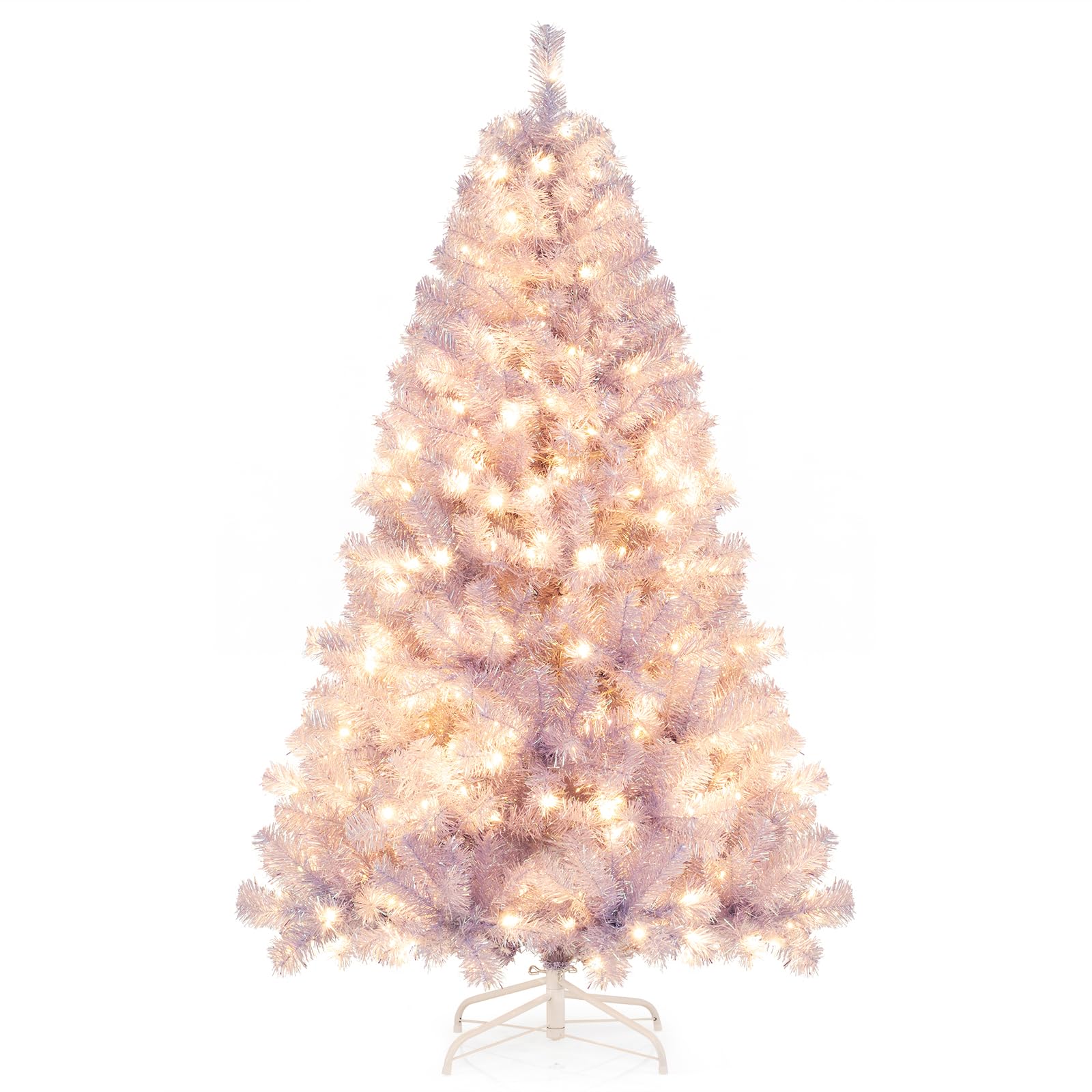 Goplus 7FT Pre-Lit Artificial Christmas Tree Auto-Spread/Close up Branches 11 Flash Modes with Multicolored 400 LED Lights & Metal Stand