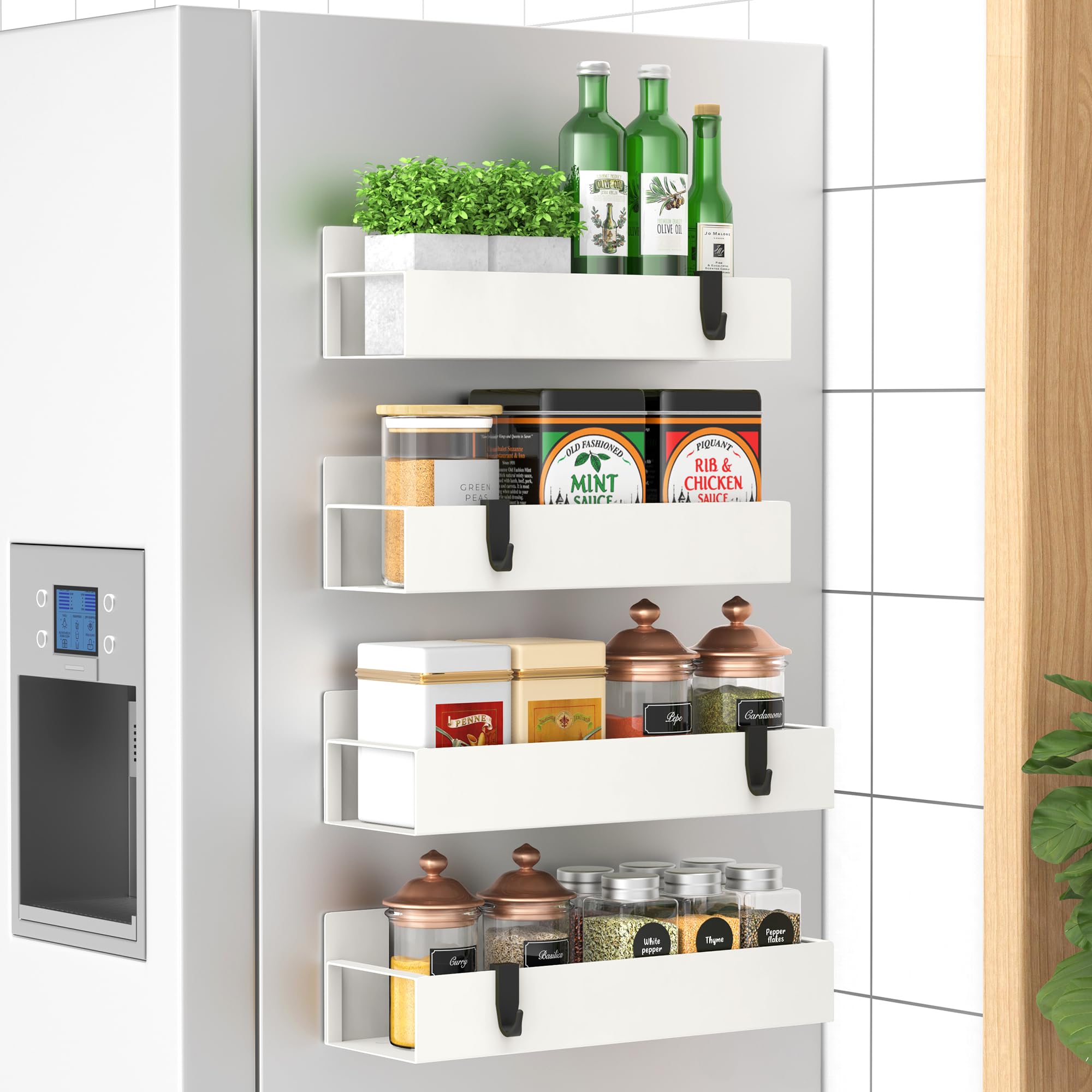 HuggieGems Metal 4 Pack Magnetic Spice Storage Rack Organizer for Refrigerator and Oven, Black Fridge Organizers and Storage, Metal